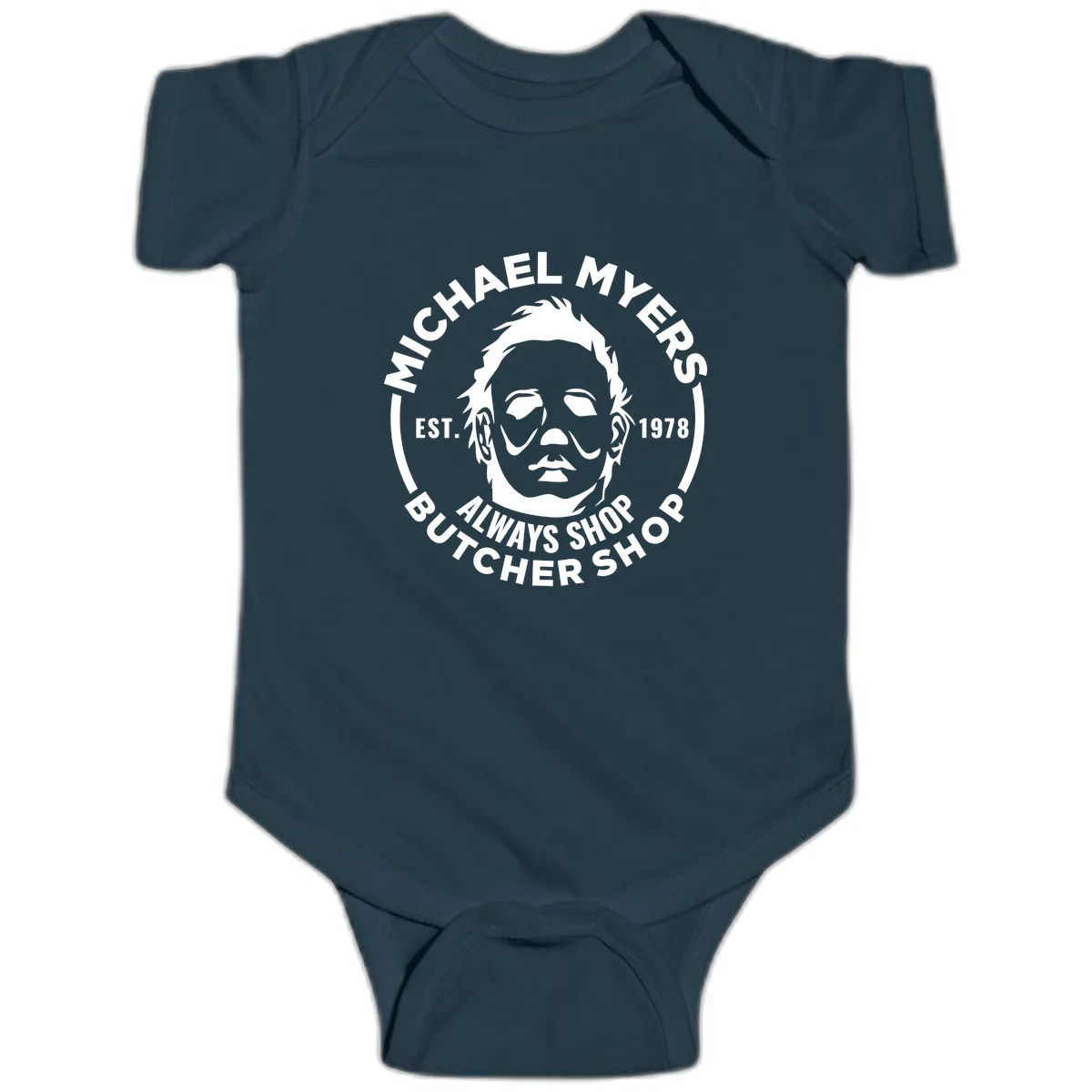 Michael Myers Butcher Shop Logo Baby Onesie in Navy