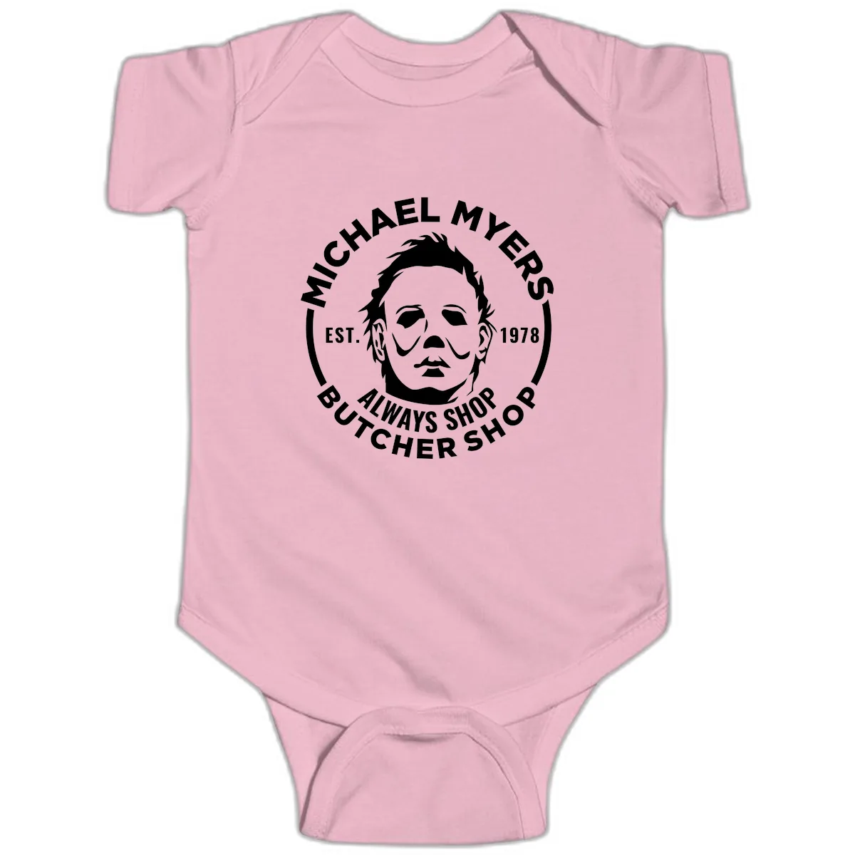 Michael Myers Butcher Shop Logo Baby Onesie in Pink
