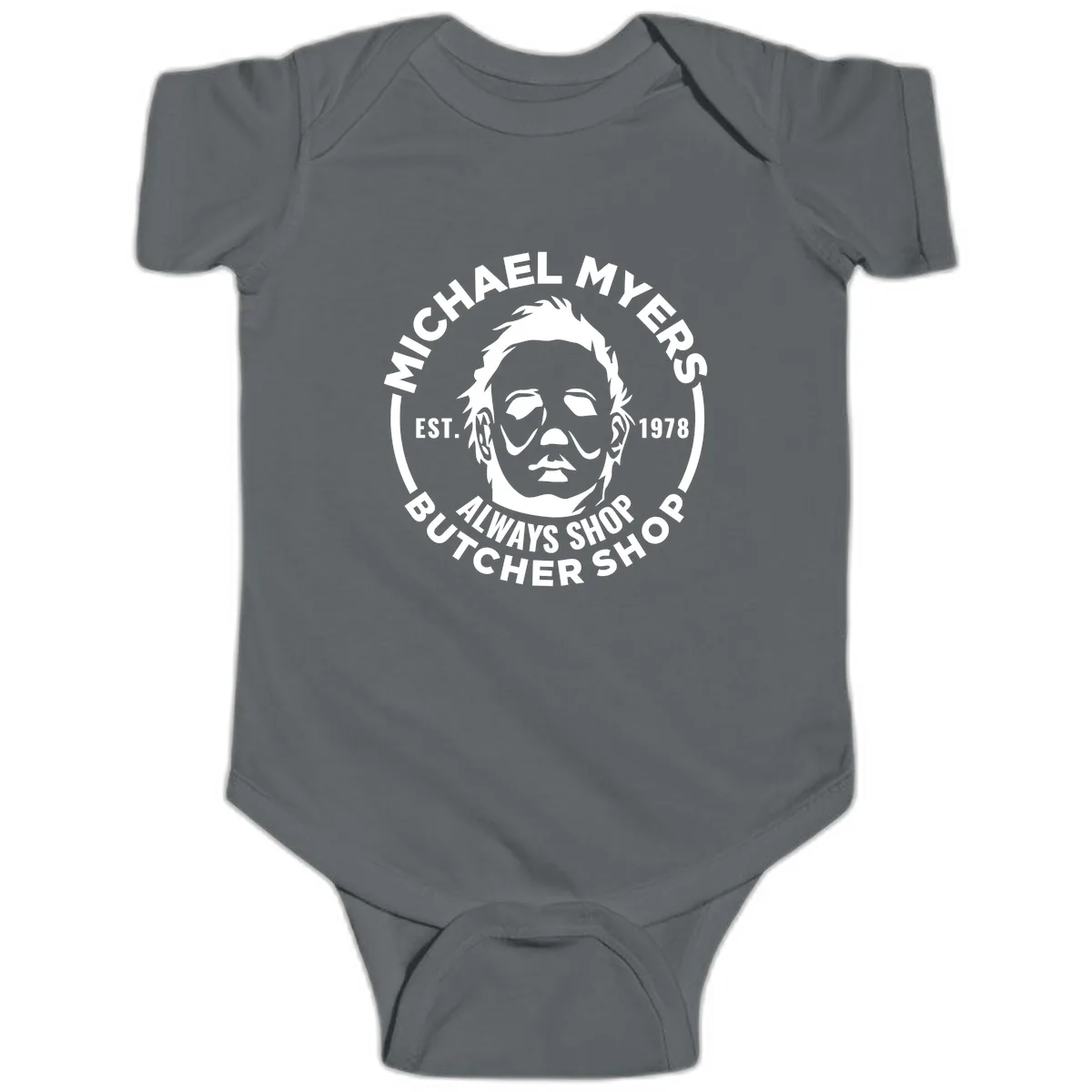 Michael Myers Butcher Shop Logo Baby Onesie in Charcoal