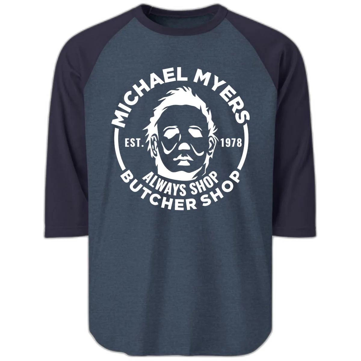 Michael Myers Butcher Shop Logo Raglan 3/4 in Heather Denim Navy