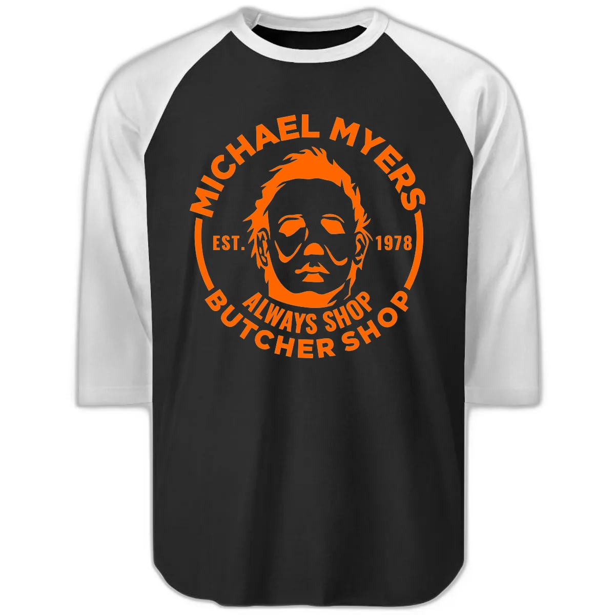 Michael Myers Butcher Shop Logo Raglan 3/4 in Black White