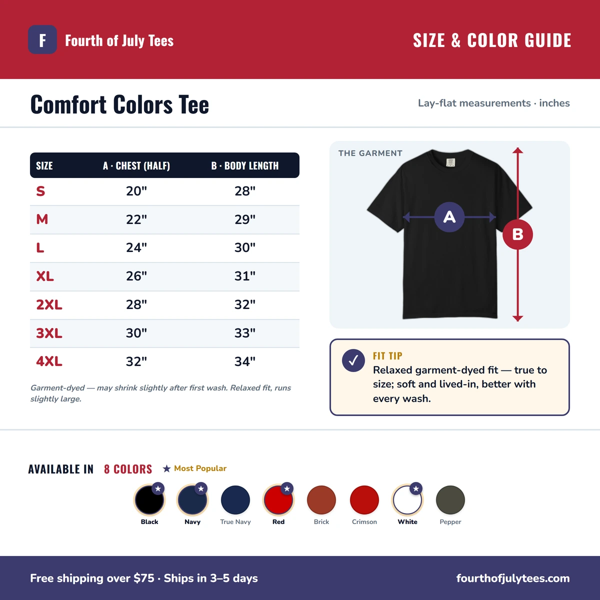 Comfort Color size & color guide