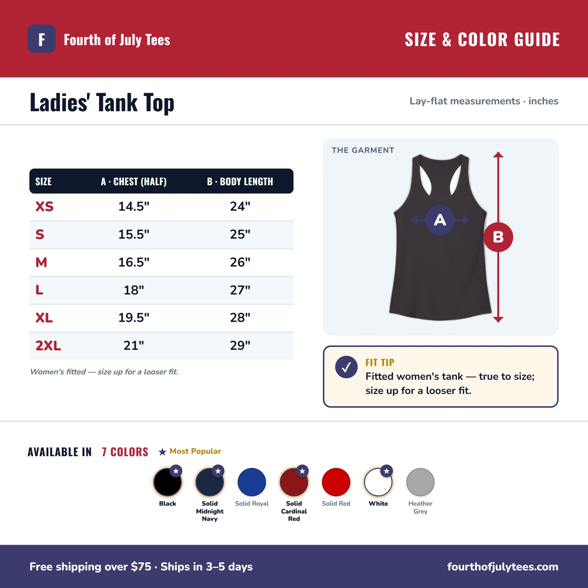 Ladies Tank size & color guide