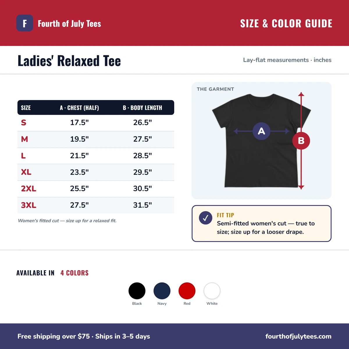 Ladies Tee size & color guide