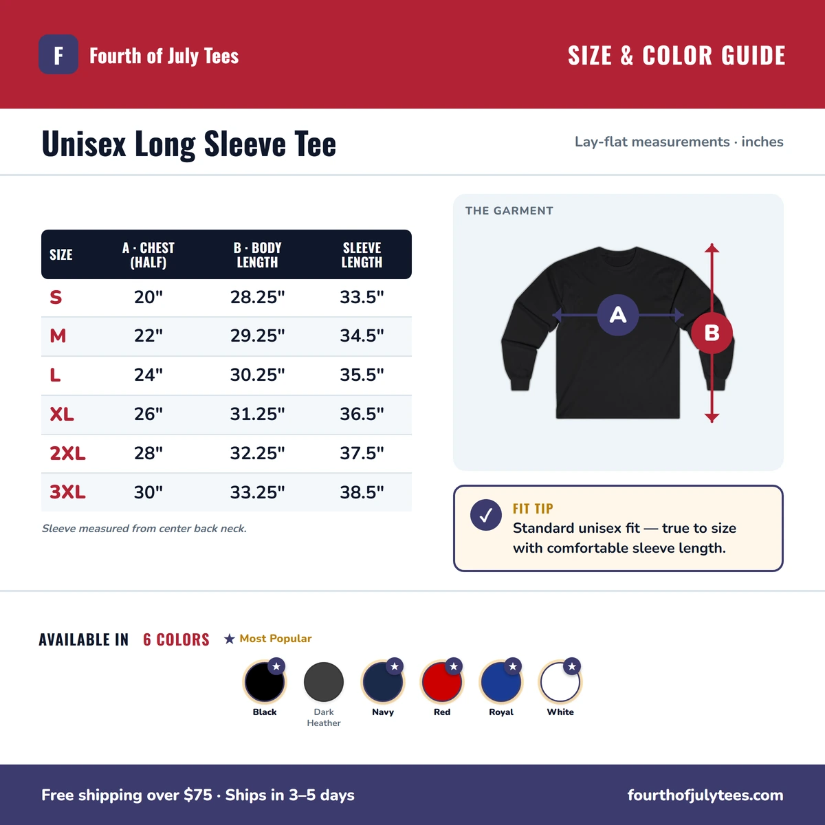 Long Sleeve size & color guide