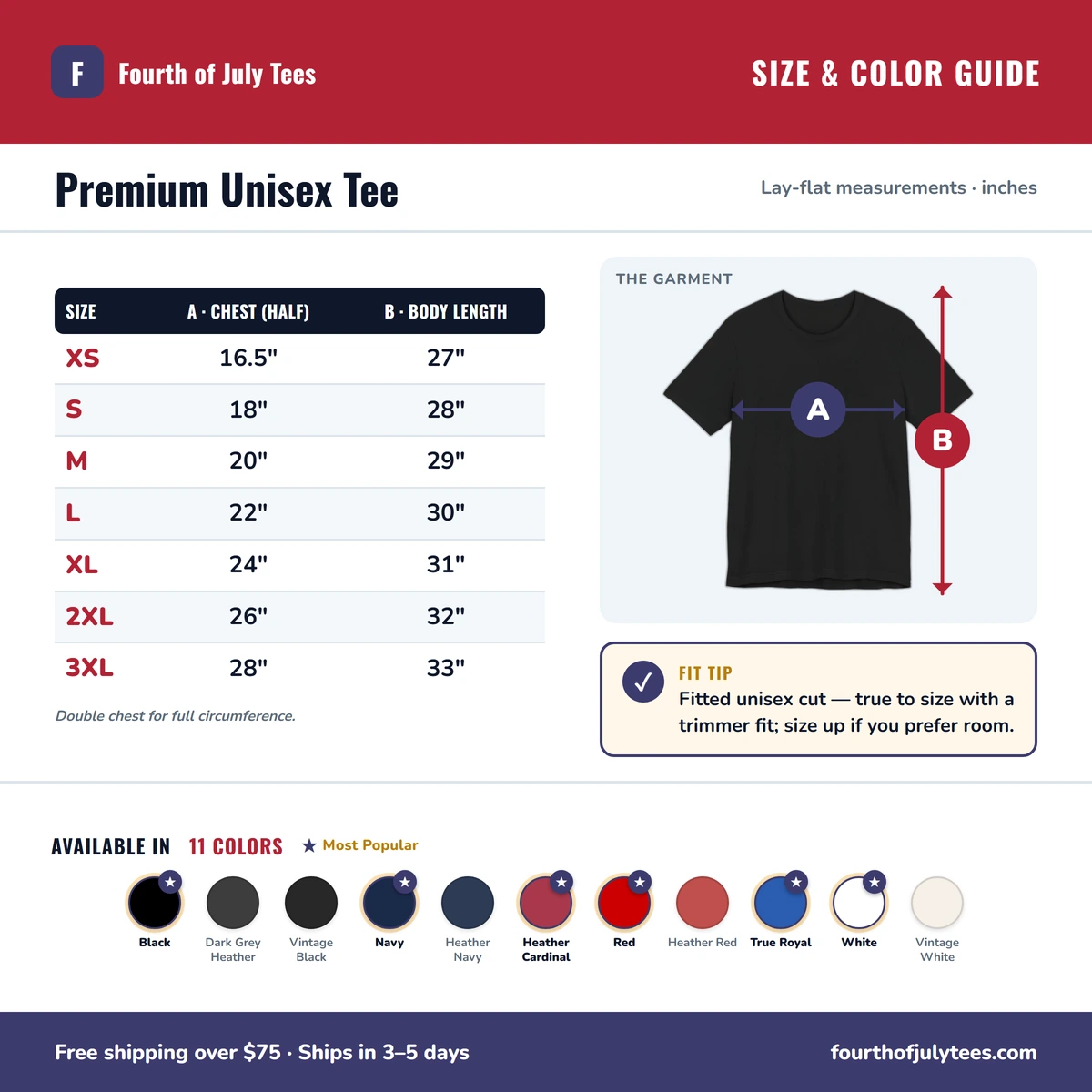 Premium T-Shirt size & color guide