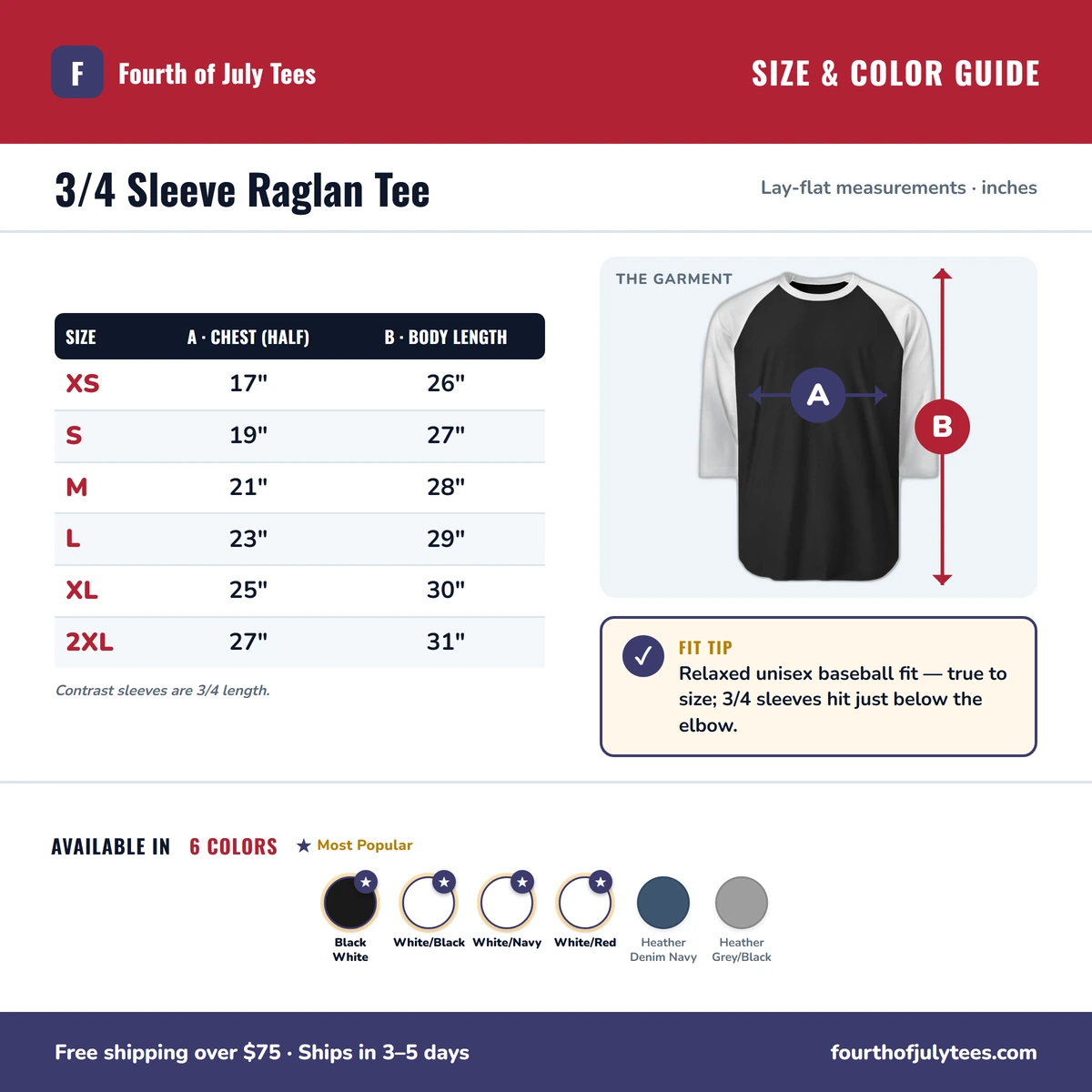 Raglan 3/4 size & color guide