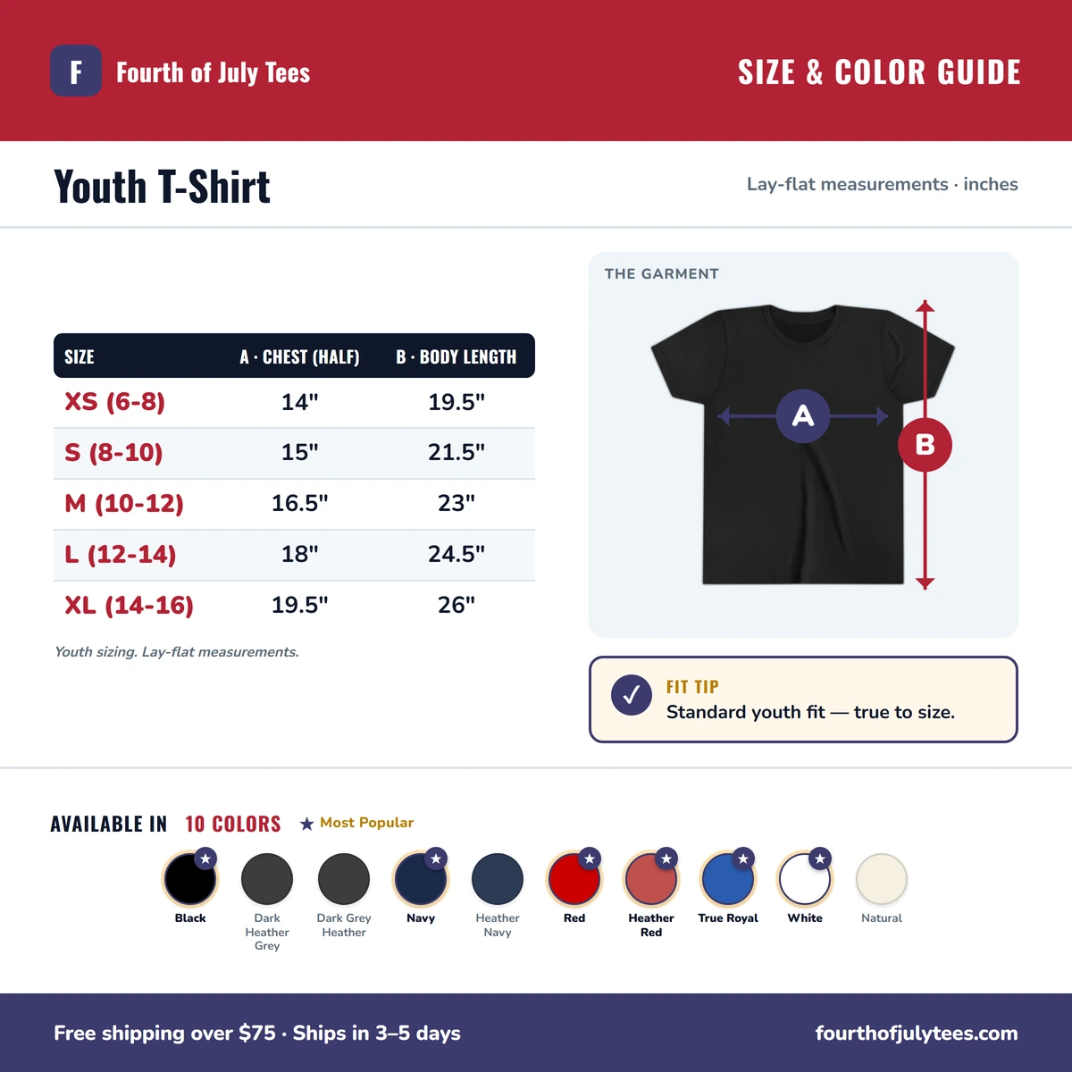Youth T-Shirt size & color guide