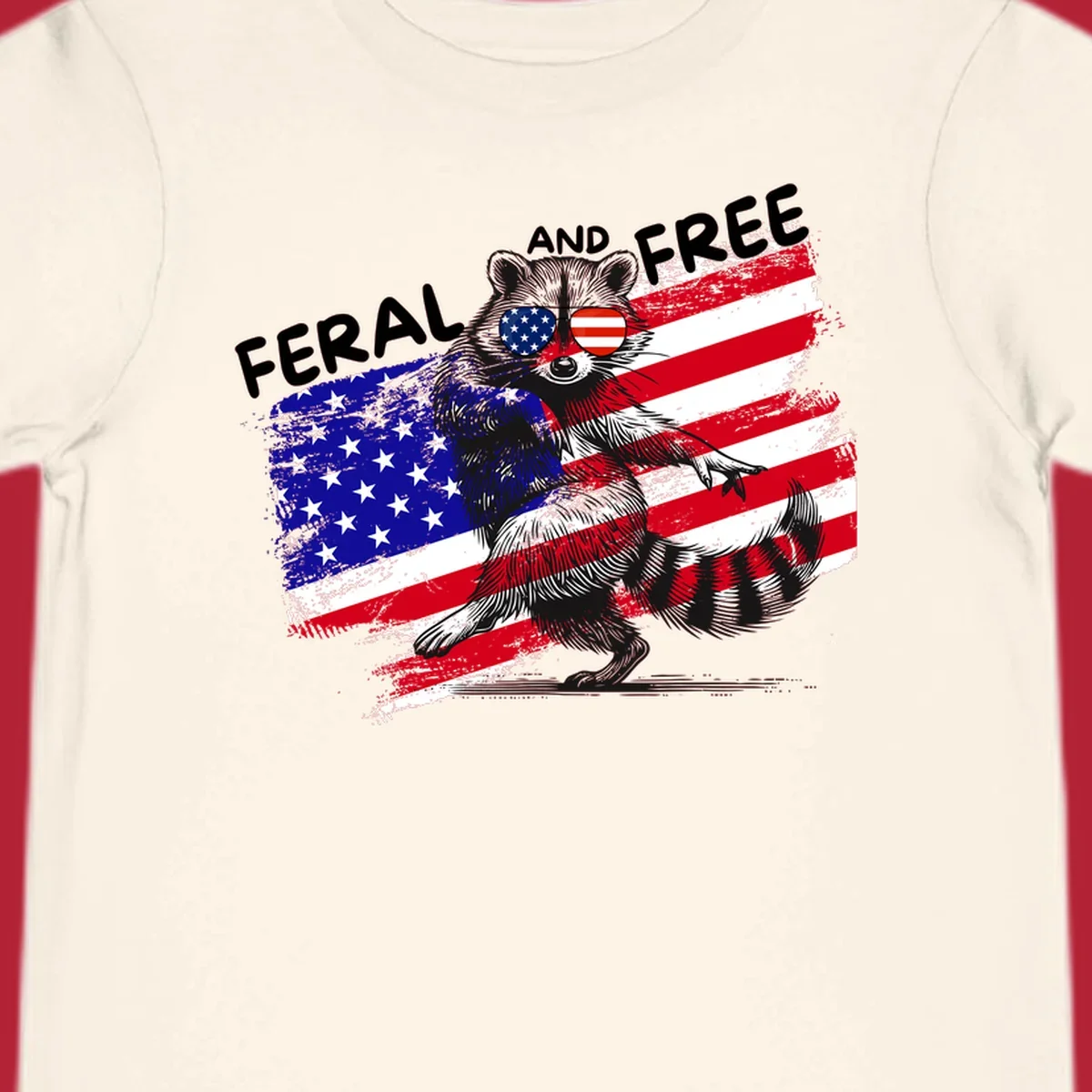 A standing raccoon with an American flag design and USA flag sunglasses, with the text 'FERAL AND FREE'. feral-free-raccoon-flag.