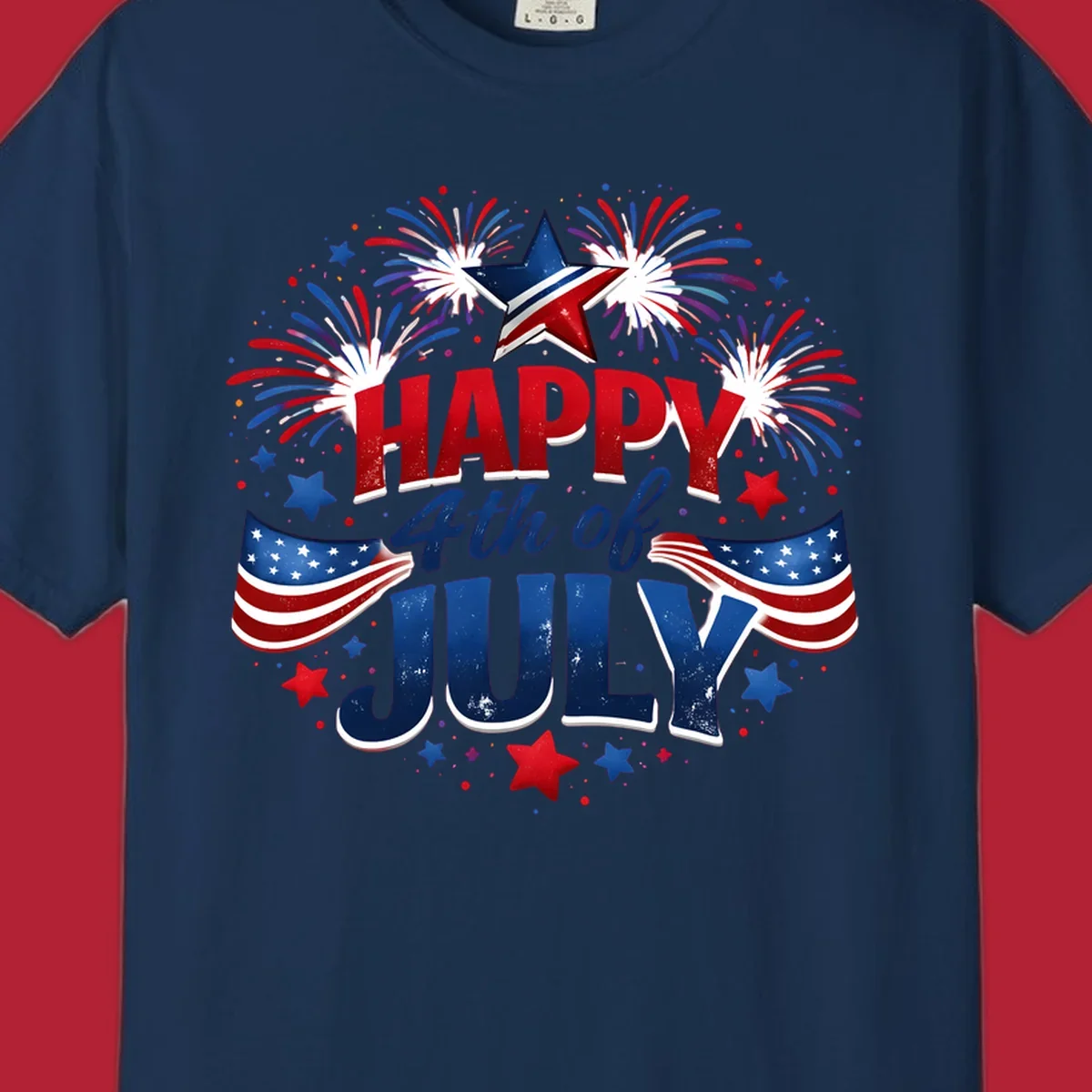 A festive Happy Fourth of July fireworks design with red, white, and blue text, bursting fireworks, and American flags.