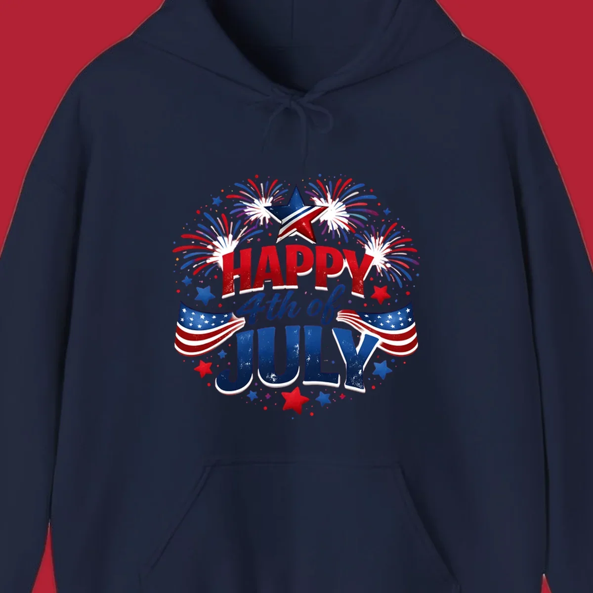 A festive Happy Fourth of July fireworks design with red, white, and blue text, bursting fireworks, and American flags.