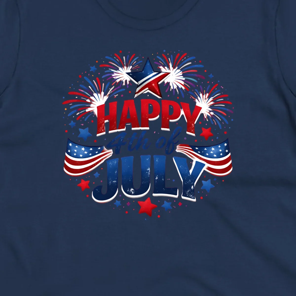 A festive Happy Fourth of July fireworks design with red, white, and blue text, bursting fireworks, and American flags.