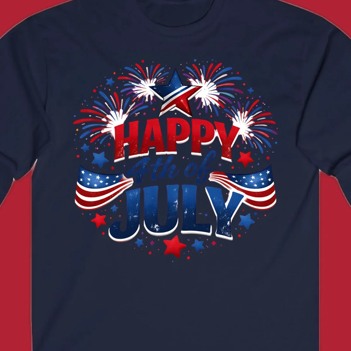 A festive Happy Fourth of July fireworks design with red, white, and blue text, bursting fireworks, and American flags.