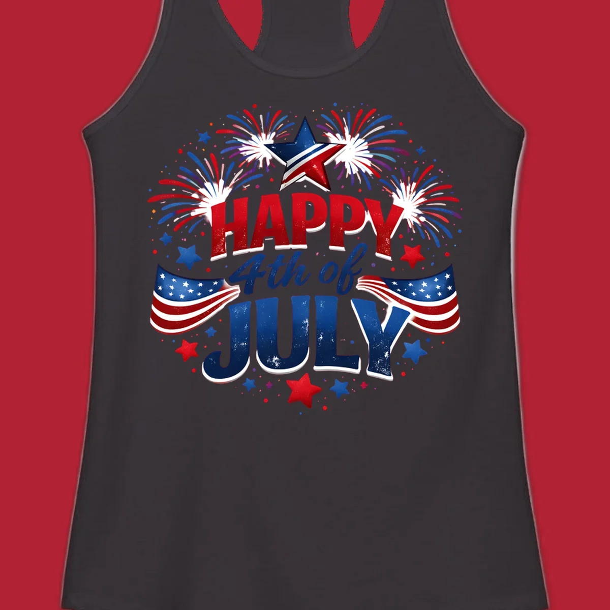 A festive Happy Fourth of July fireworks design with red, white, and blue text, bursting fireworks, and American flags.