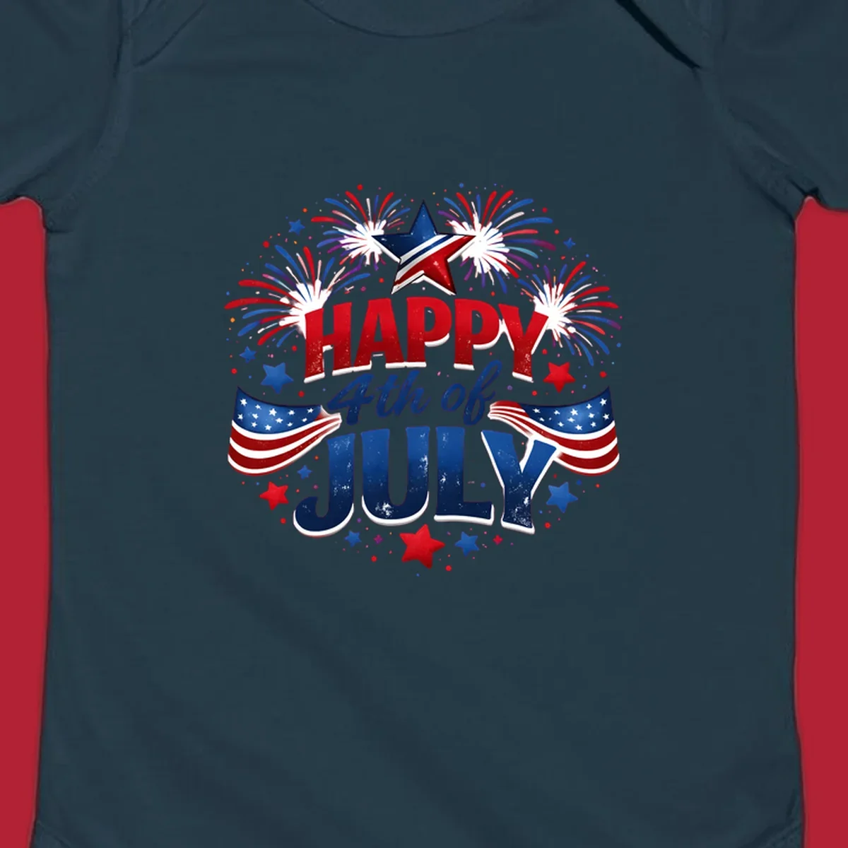A festive Happy Fourth of July fireworks design with red, white, and blue text, bursting fireworks, and American flags.