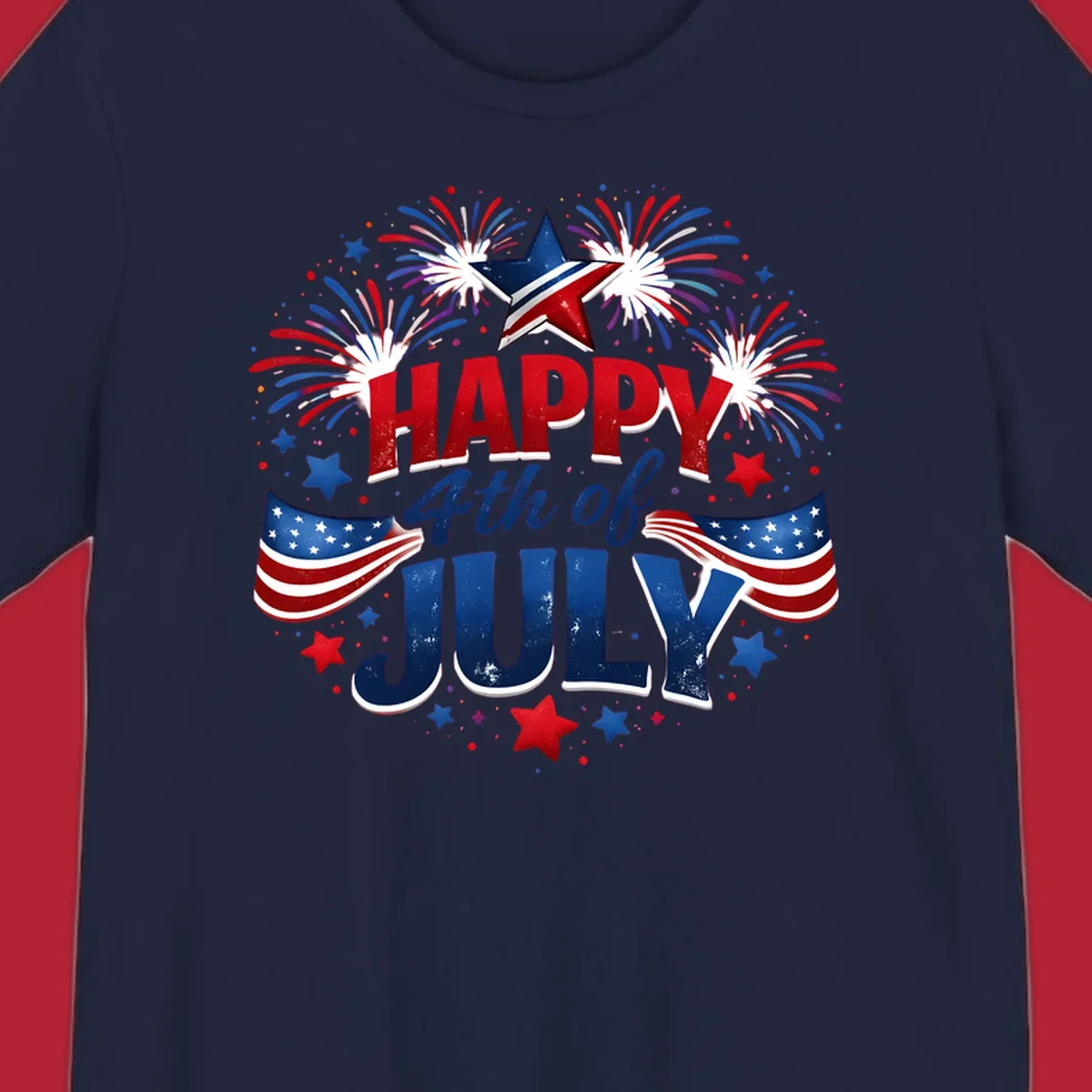 A festive Happy Fourth of July fireworks design with red, white, and blue text, bursting fireworks, and American flags.