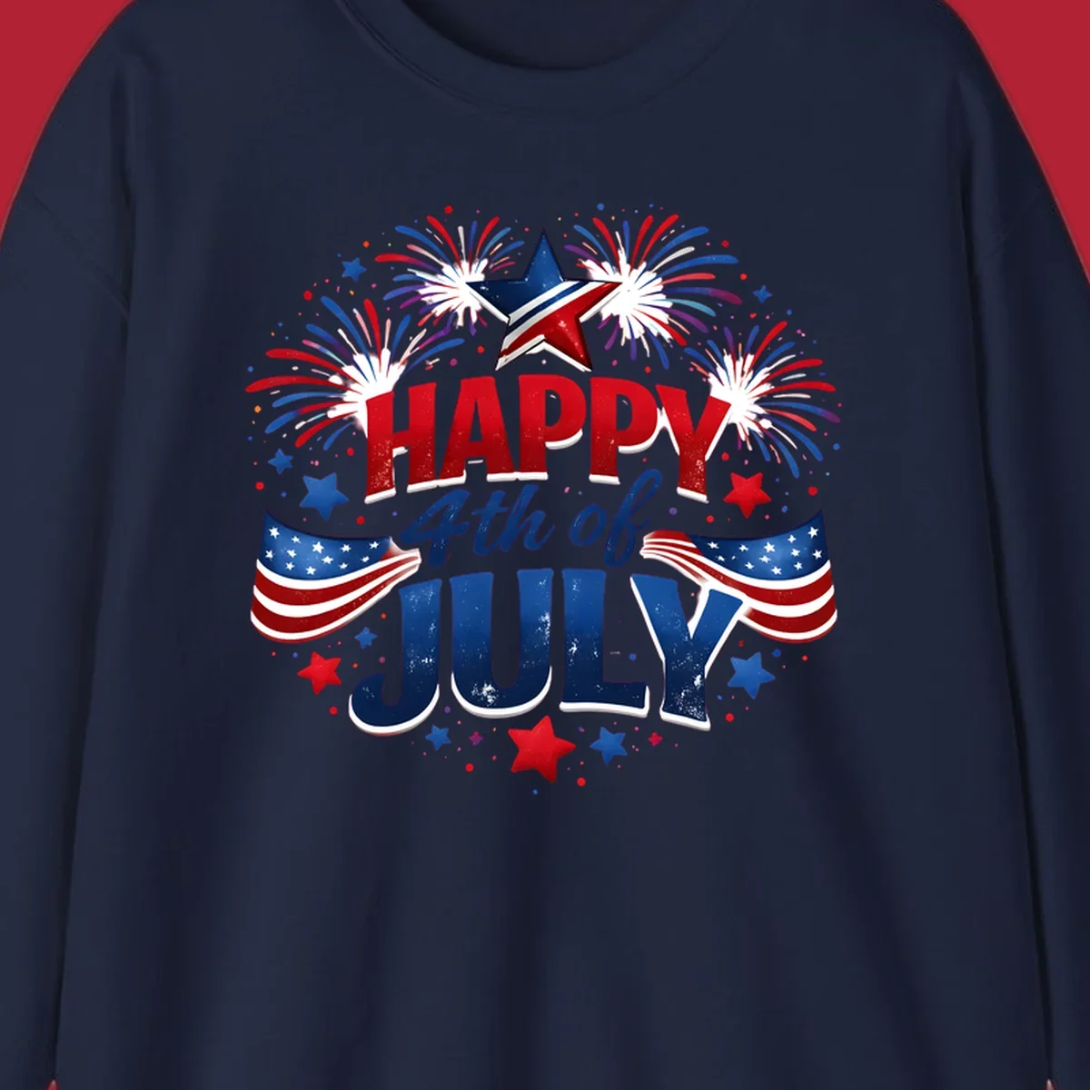A festive Happy Fourth of July fireworks design with red, white, and blue text, bursting fireworks, and American flags.