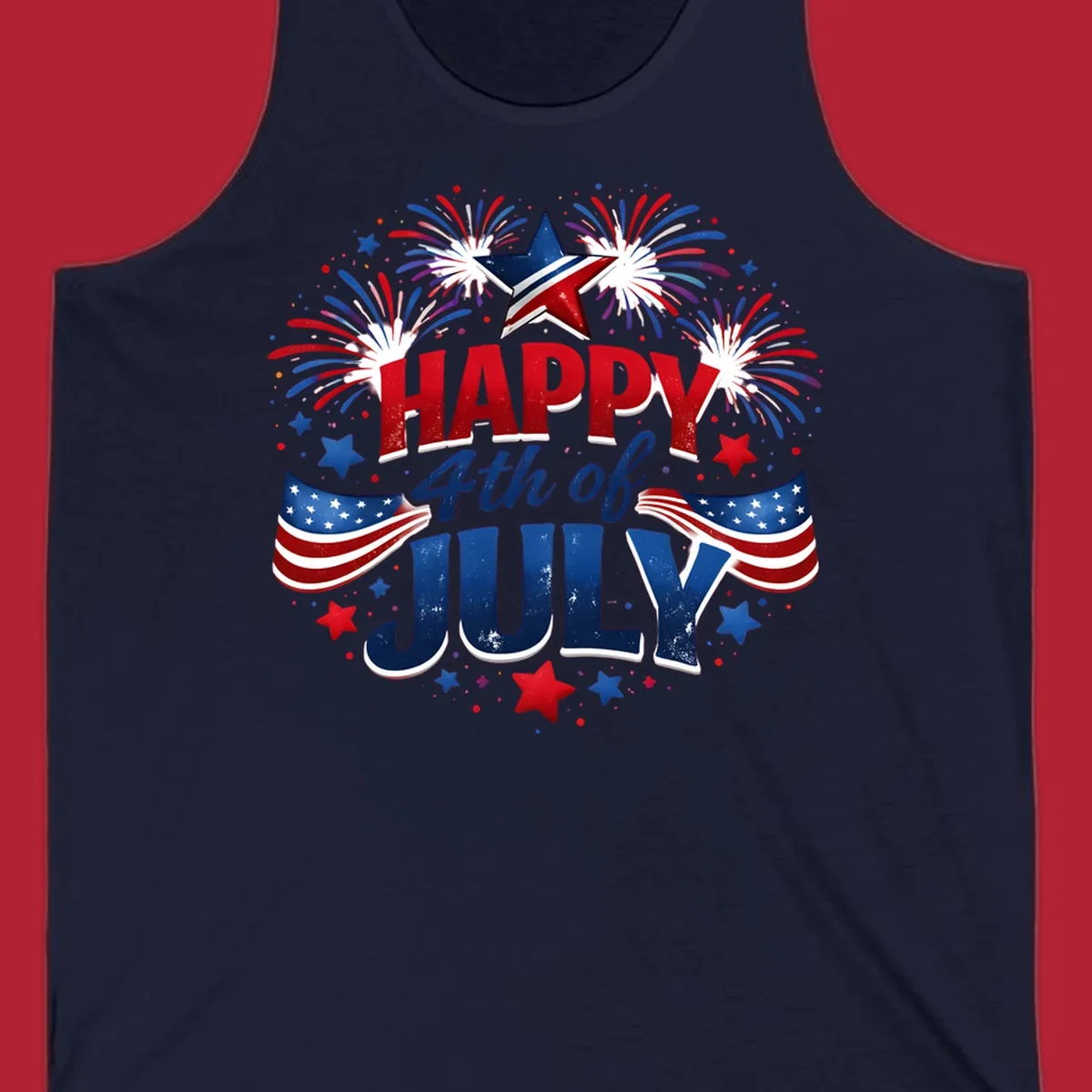 A festive Happy Fourth of July fireworks design with red, white, and blue text, bursting fireworks, and American flags.