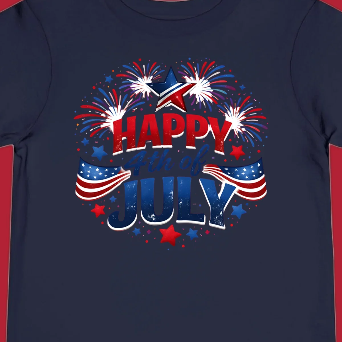 A festive Happy Fourth of July fireworks design with red, white, and blue text, bursting fireworks, and American flags.