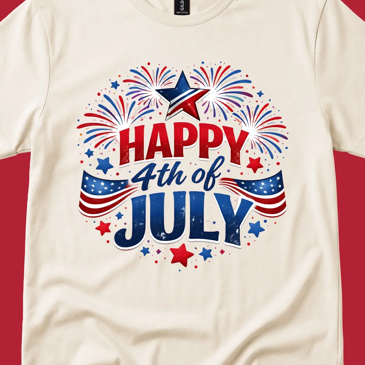 A festive Happy Fourth of July fireworks design with red, white, and blue text, bursting fireworks, and American flags.