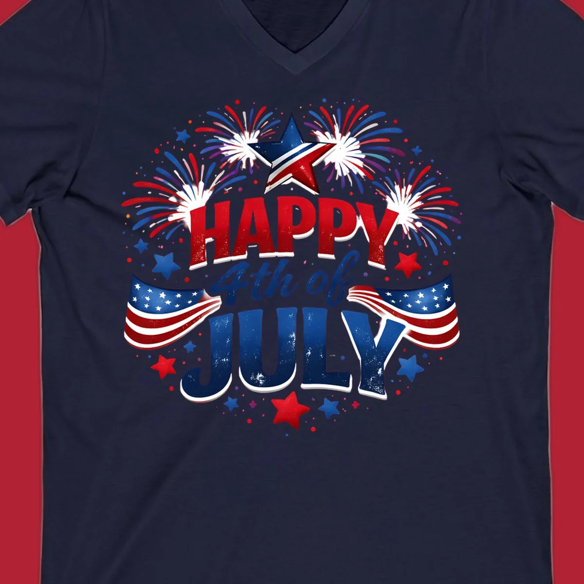 A festive Happy Fourth of July fireworks design with red, white, and blue text, bursting fireworks, and American flags.