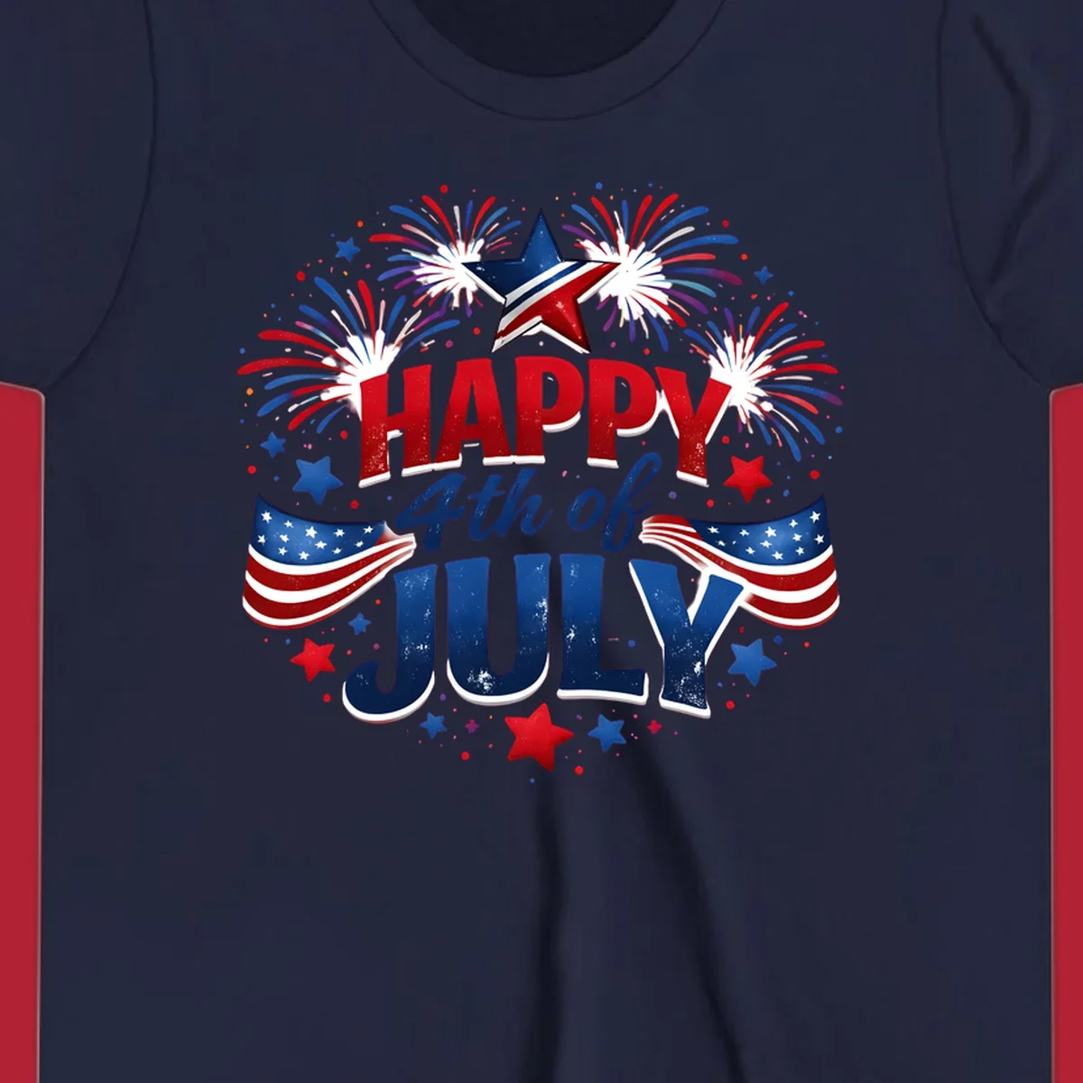 A festive Happy Fourth of July fireworks design with red, white, and blue text, bursting fireworks, and American flags.