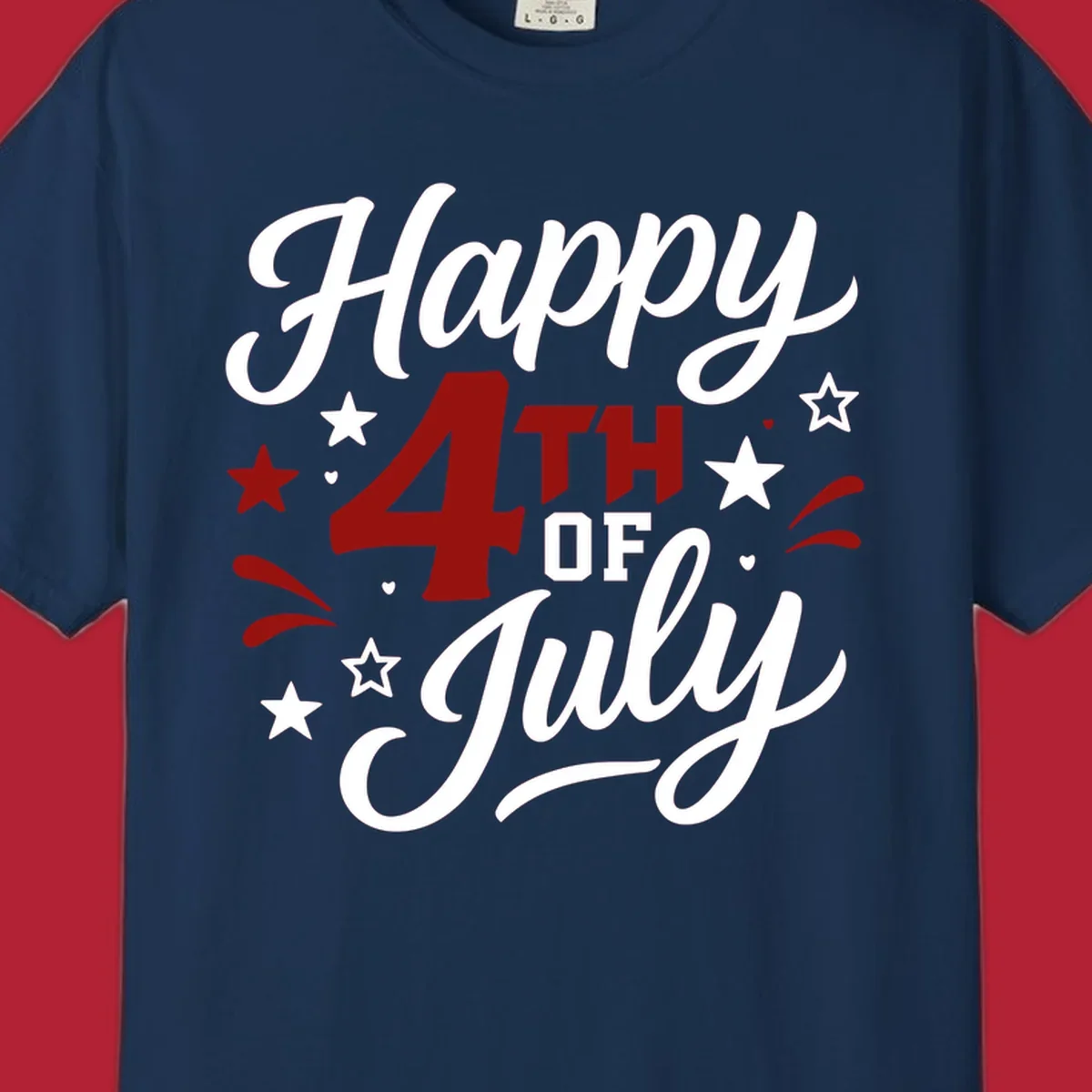 A patriotic Happy Fourth of July design with 'Happy' and 'July' in script, '4TH OF' in block letters, and stars.