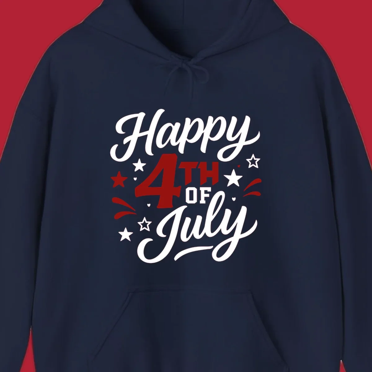 A patriotic Happy Fourth of July design with 'Happy' and 'July' in script, '4TH OF' in block letters, and stars.