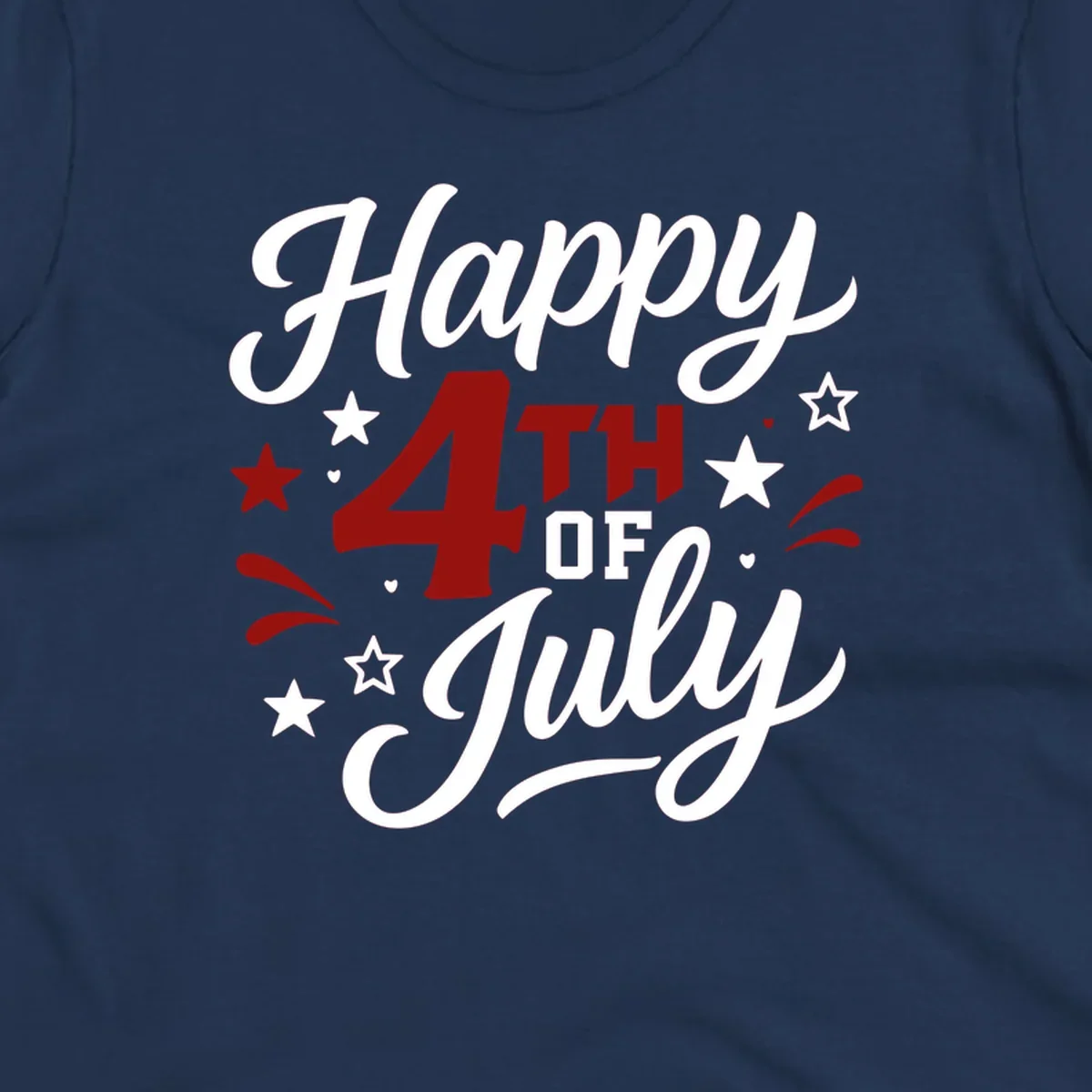 A patriotic Happy Fourth of July design with 'Happy' and 'July' in script, '4TH OF' in block letters, and stars.