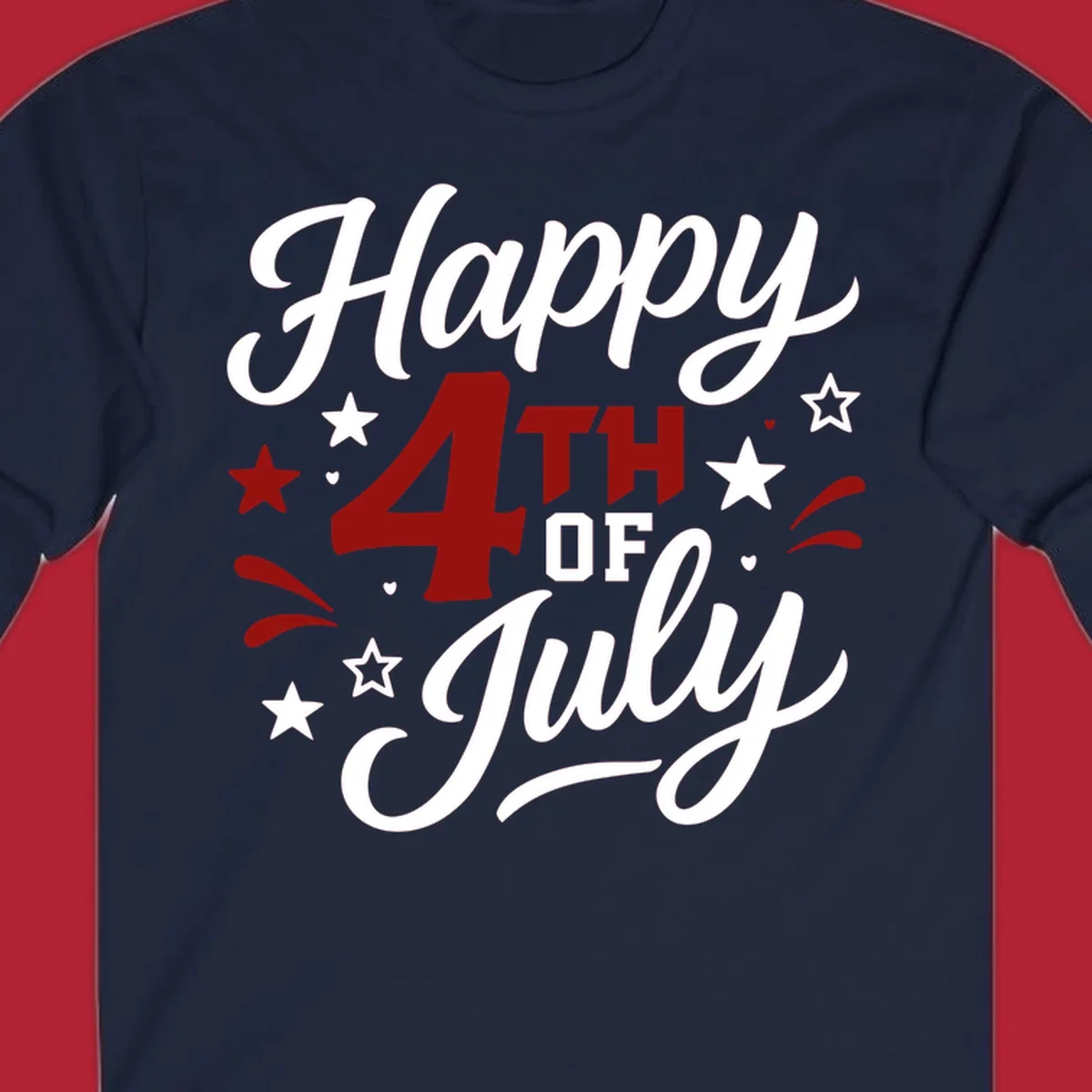 A patriotic Happy Fourth of July design with 'Happy' and 'July' in script, '4TH OF' in block letters, and stars.