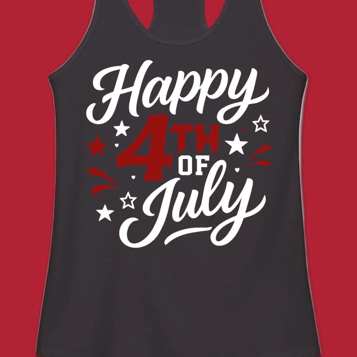 A patriotic Happy Fourth of July design with 'Happy' and 'July' in script, '4TH OF' in block letters, and stars.