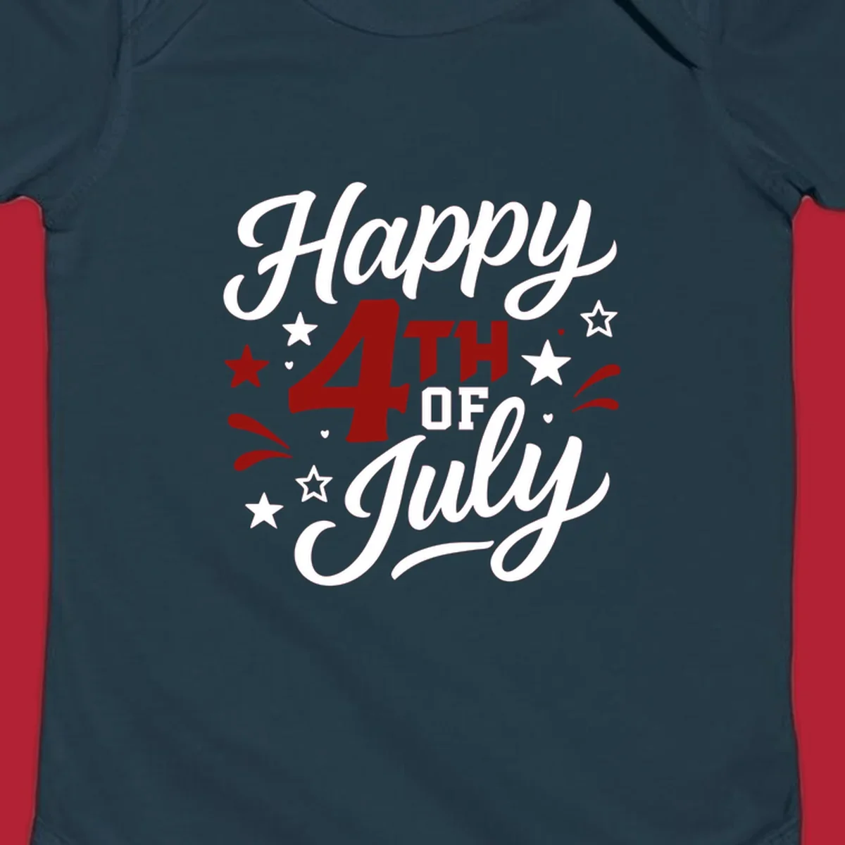 A patriotic Happy Fourth of July design with 'Happy' and 'July' in script, '4TH OF' in block letters, and stars.