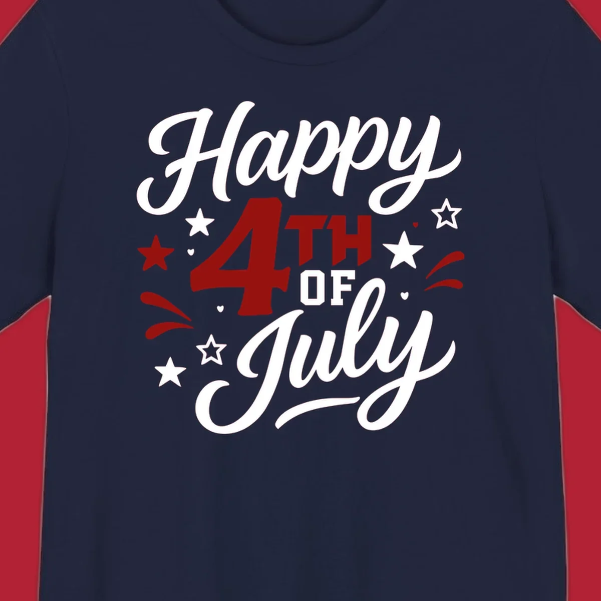A patriotic Happy Fourth of July design with 'Happy' and 'July' in script, '4TH OF' in block letters, and stars.