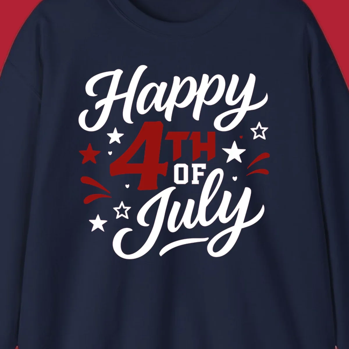 A patriotic Happy Fourth of July design with 'Happy' and 'July' in script, '4TH OF' in block letters, and stars.