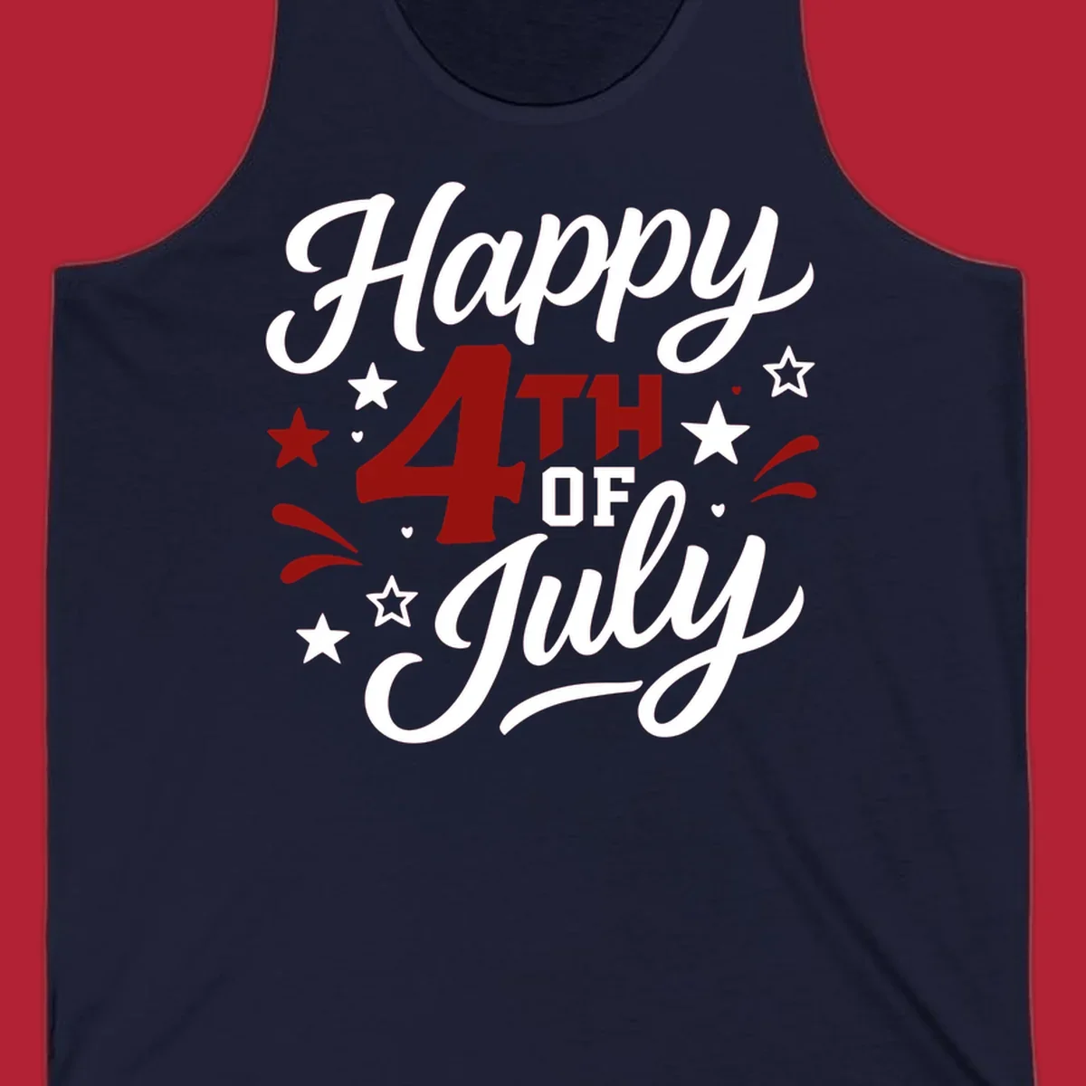 A patriotic Happy Fourth of July design with 'Happy' and 'July' in script, '4TH OF' in block letters, and stars.