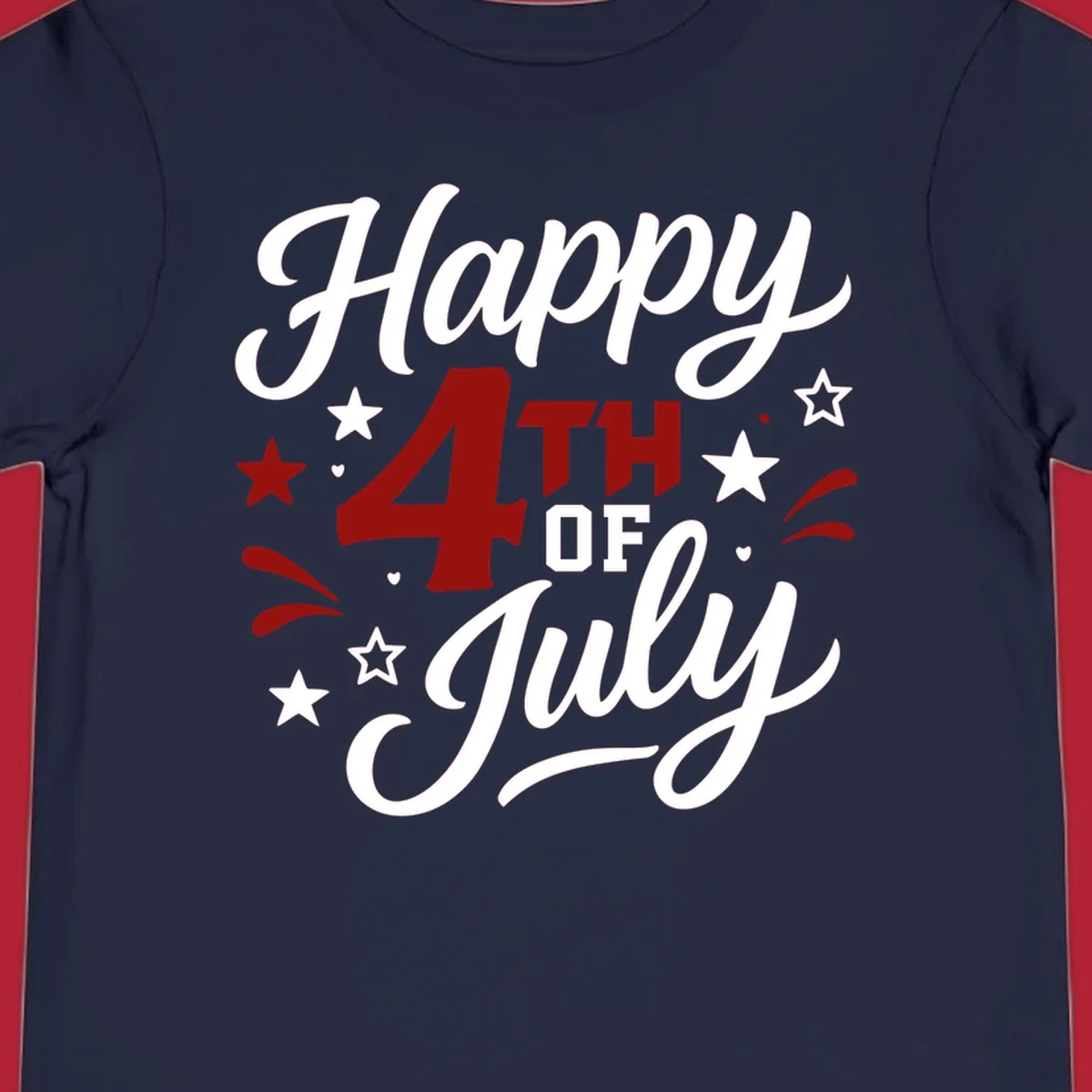 A patriotic Happy Fourth of July design with 'Happy' and 'July' in script, '4TH OF' in block letters, and stars.