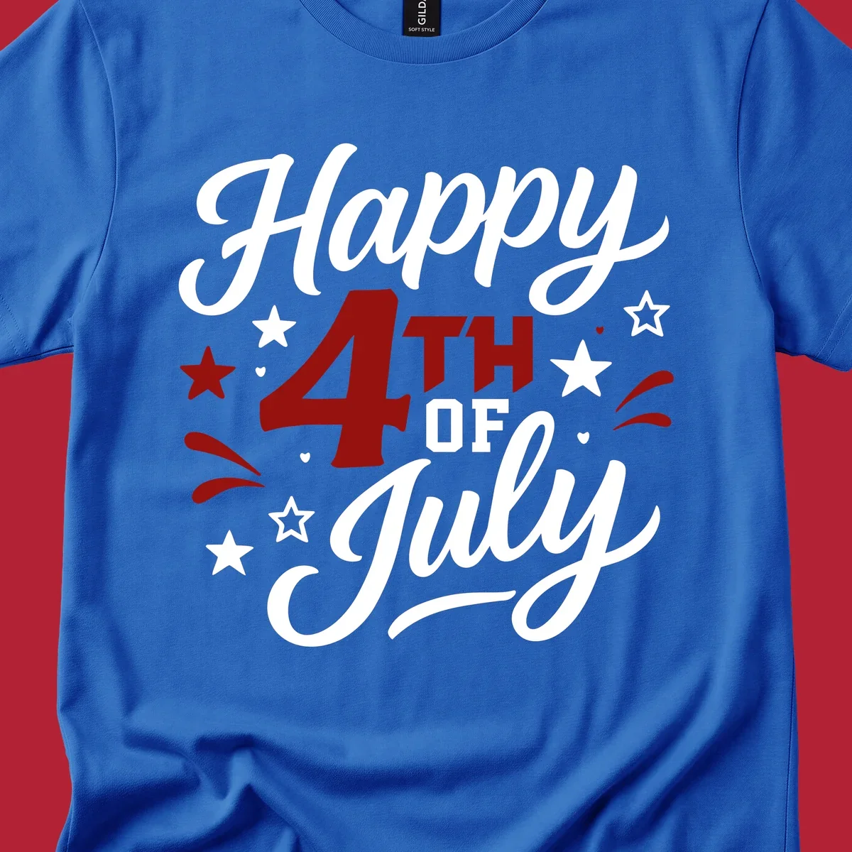 A patriotic Happy Fourth of July design with 'Happy' and 'July' in script, '4TH OF' in block letters, and stars.
