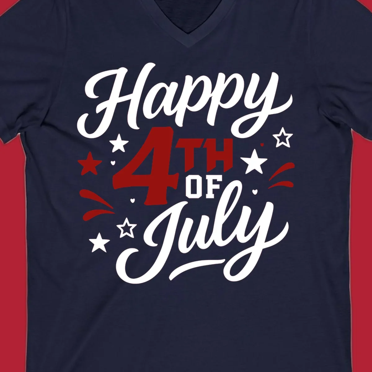 A patriotic Happy Fourth of July design with 'Happy' and 'July' in script, '4TH OF' in block letters, and stars.