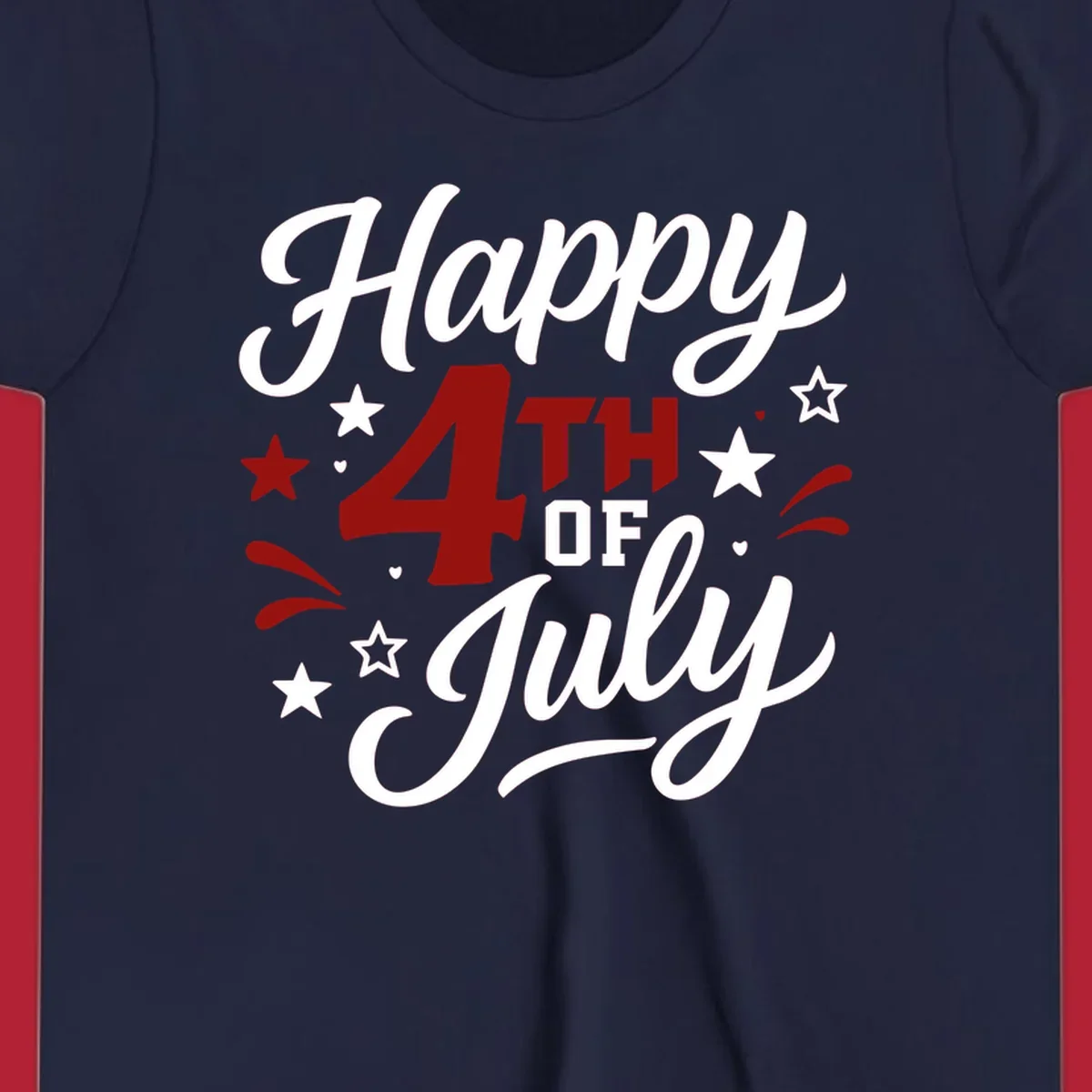 A patriotic Happy Fourth of July design with 'Happy' and 'July' in script, '4TH OF' in block letters, and stars.