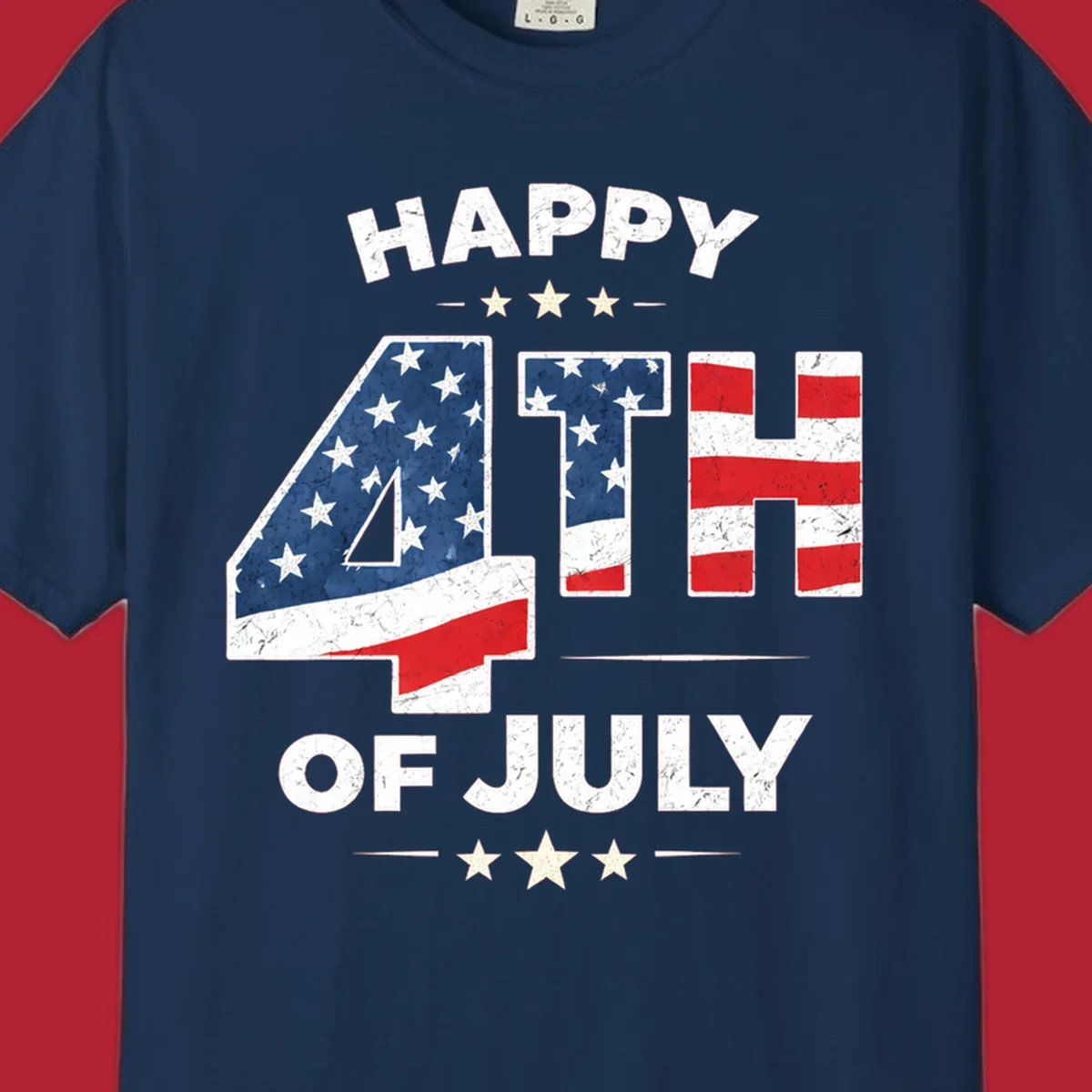 Distressed "HAPPY 4TH OF JULY" design with the "4TH" in an American flag pattern and white stars.