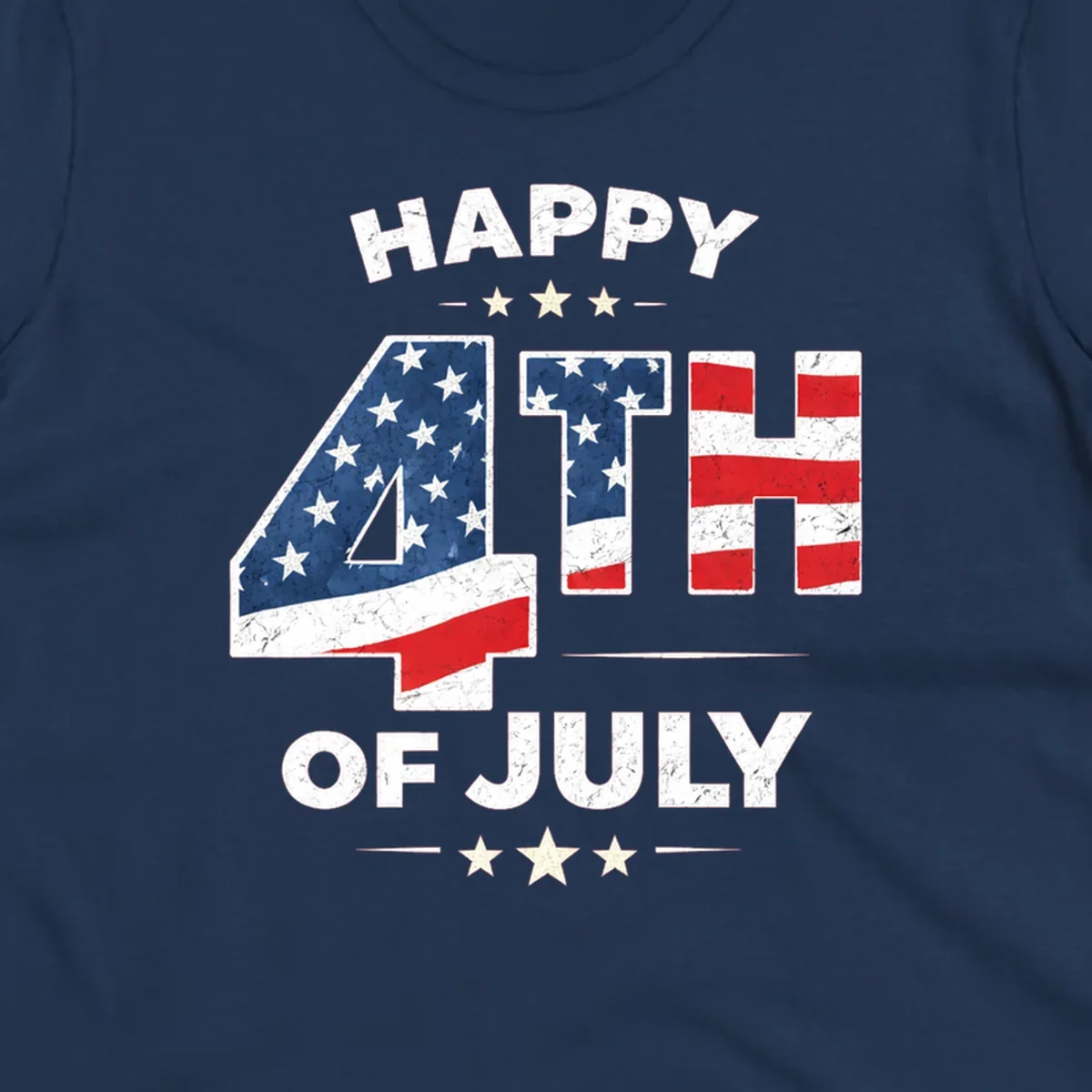 Distressed "HAPPY 4TH OF JULY" design with the "4TH" in an American flag pattern and white stars.