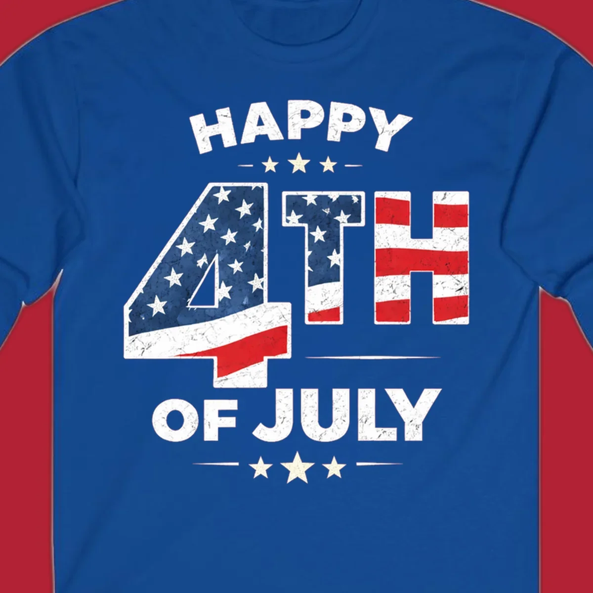 Distressed "HAPPY 4TH OF JULY" design with the "4TH" in an American flag pattern and white stars.