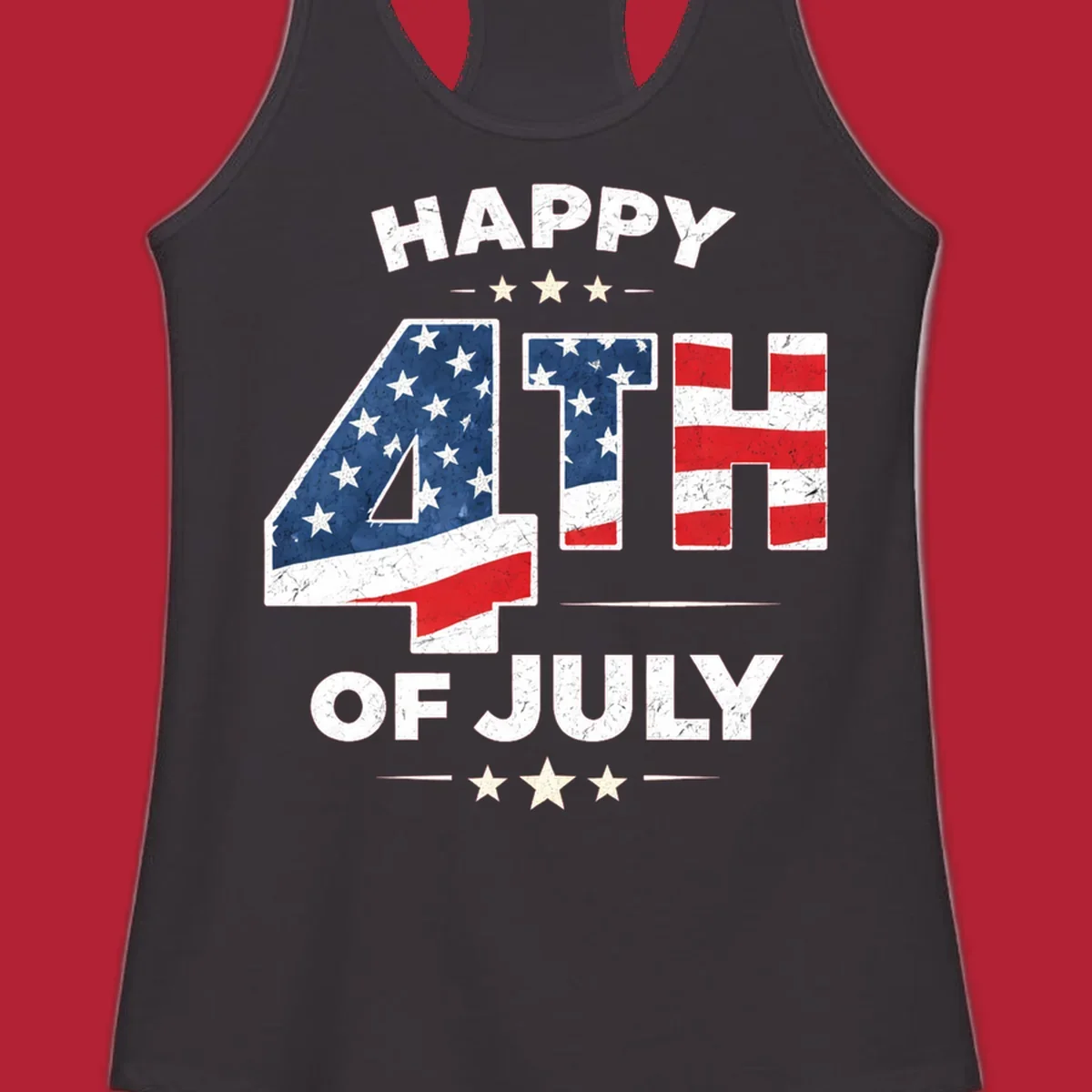 Distressed "HAPPY 4TH OF JULY" design with the "4TH" in an American flag pattern and white stars.