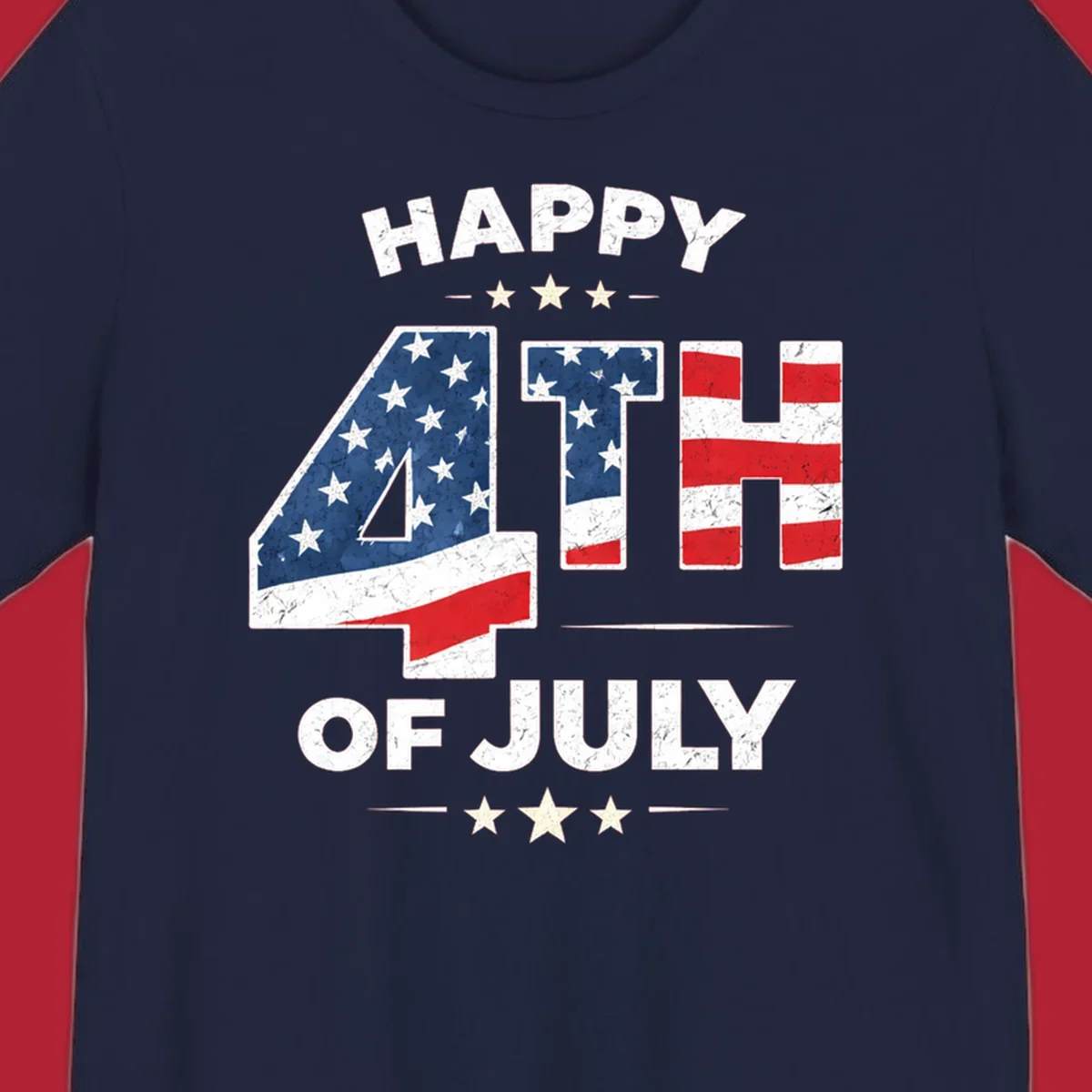 Distressed "HAPPY 4TH OF JULY" design with the "4TH" in an American flag pattern and white stars.