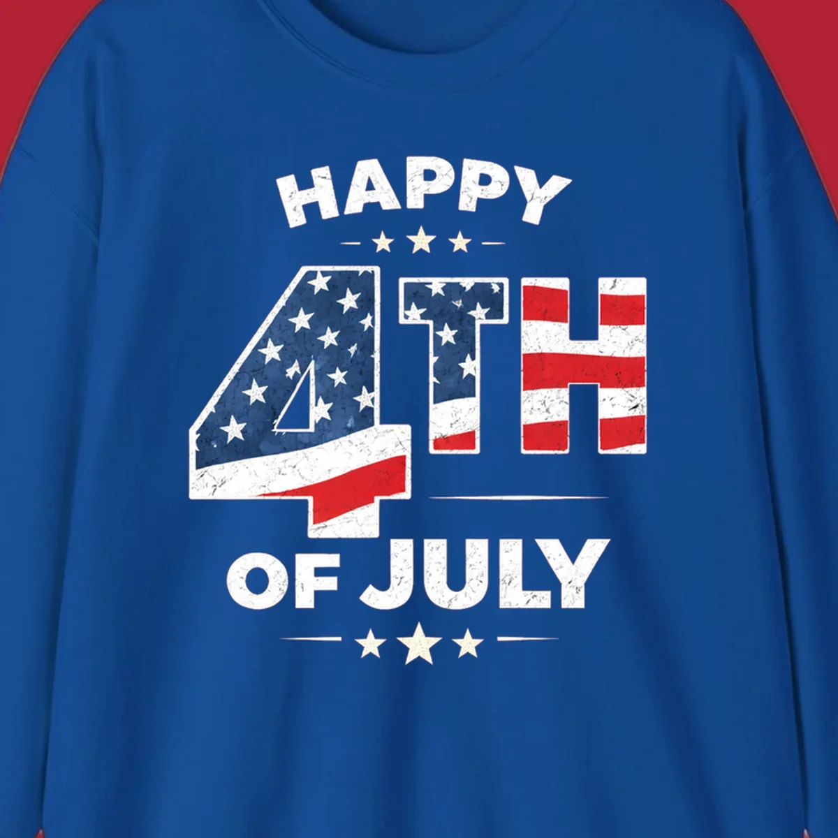 Distressed "HAPPY 4TH OF JULY" design with the "4TH" in an American flag pattern and white stars.