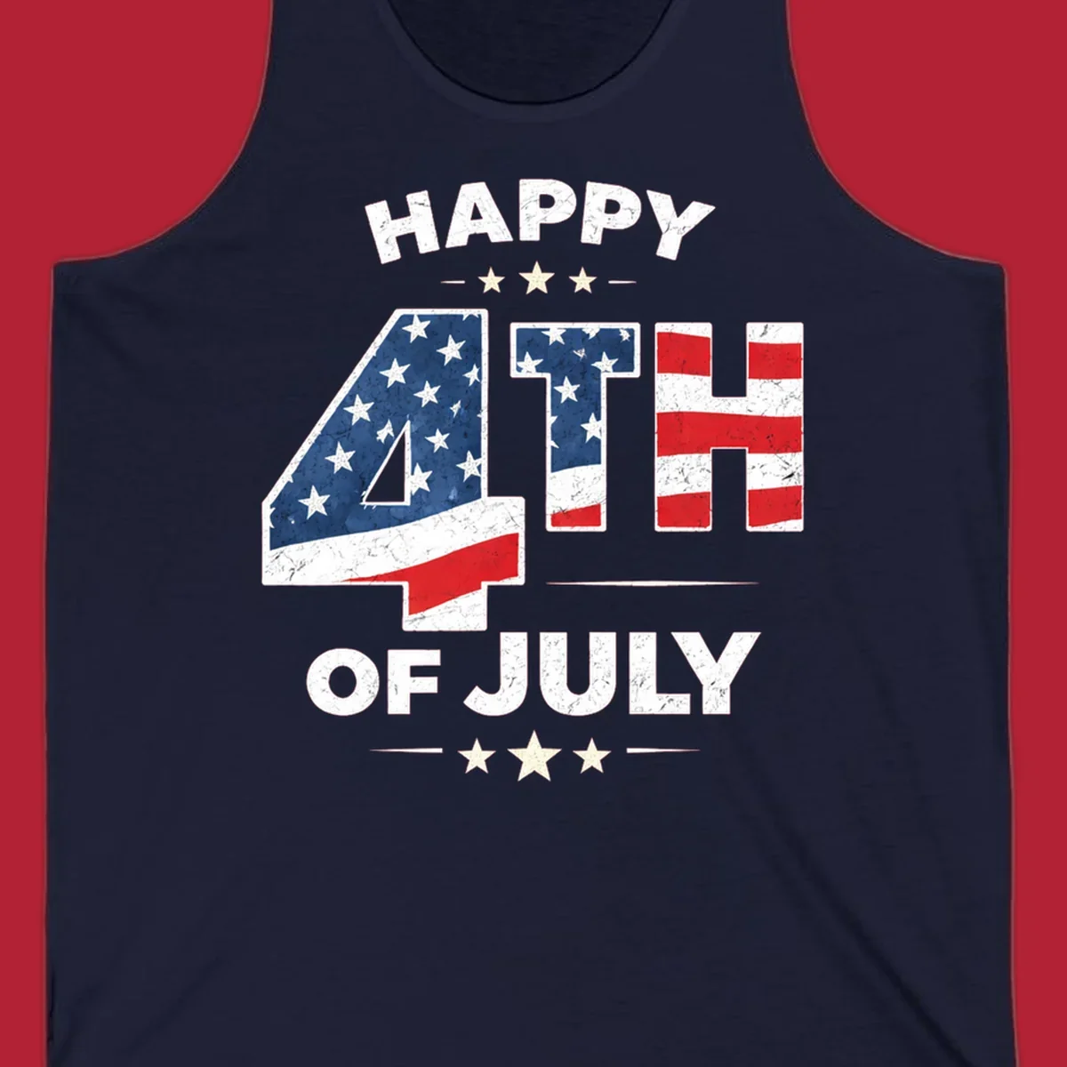 Distressed "HAPPY 4TH OF JULY" design with the "4TH" in an American flag pattern and white stars.