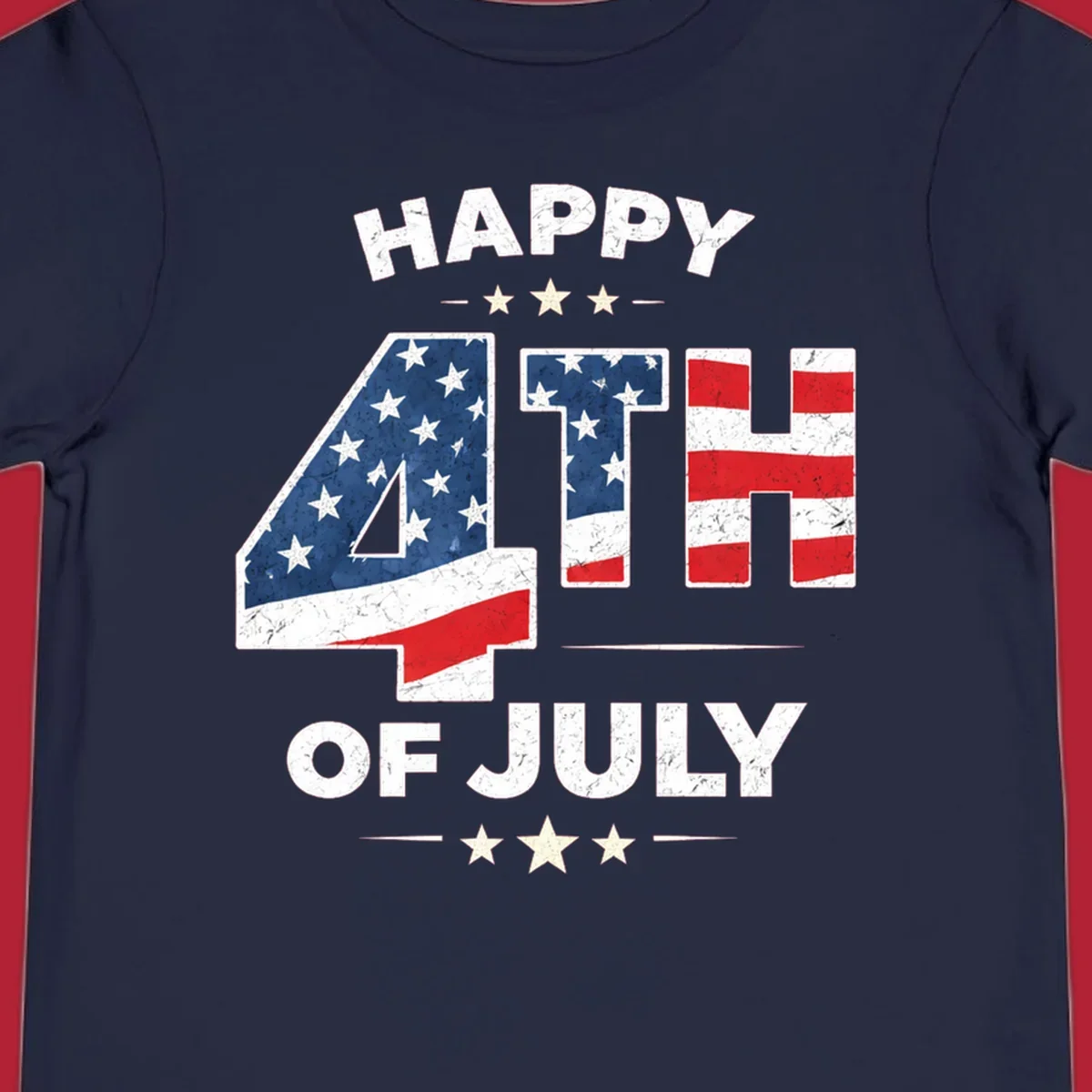 Distressed "HAPPY 4TH OF JULY" design with the "4TH" in an American flag pattern and white stars.