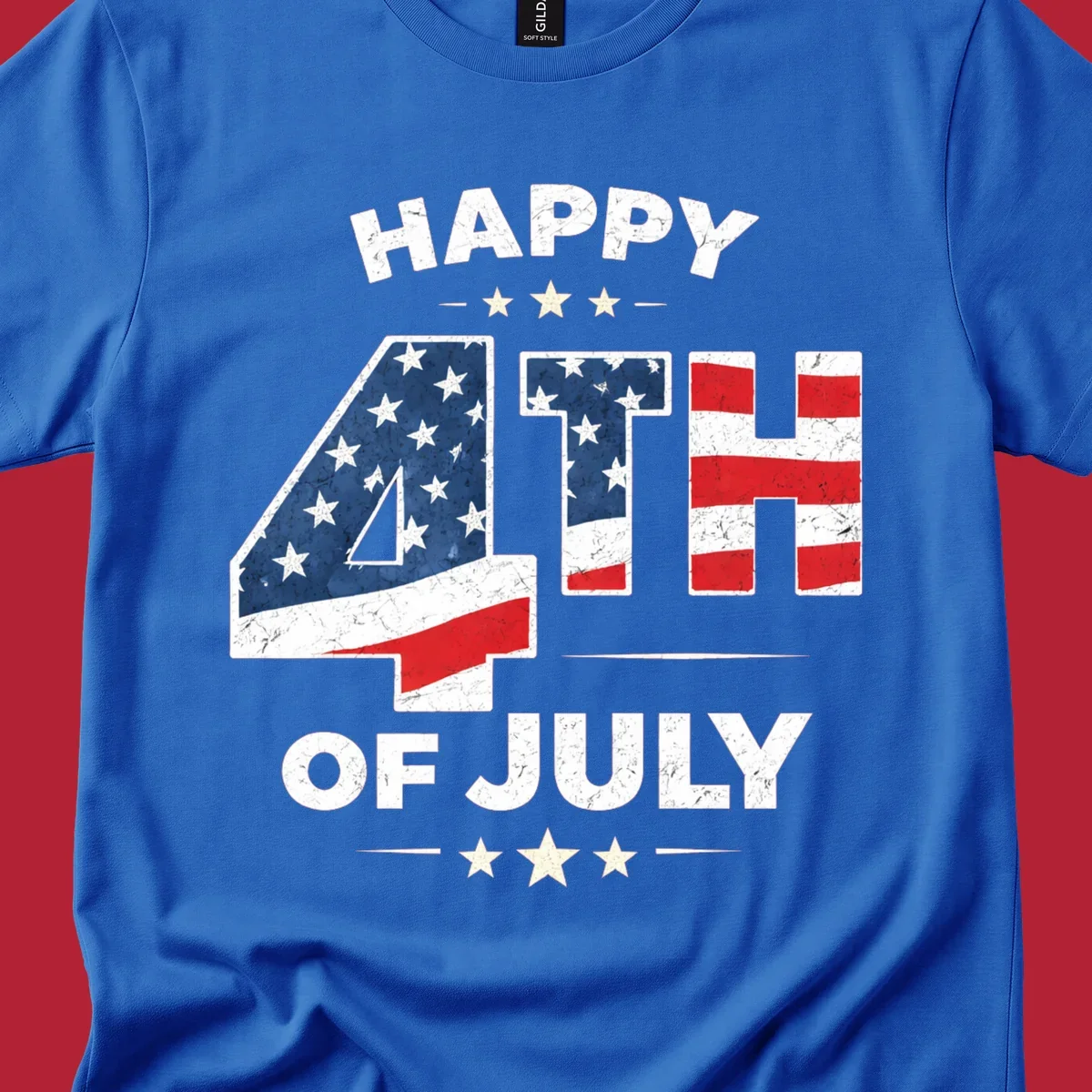 Distressed "HAPPY 4TH OF JULY" design with the "4TH" in an American flag pattern and white stars.