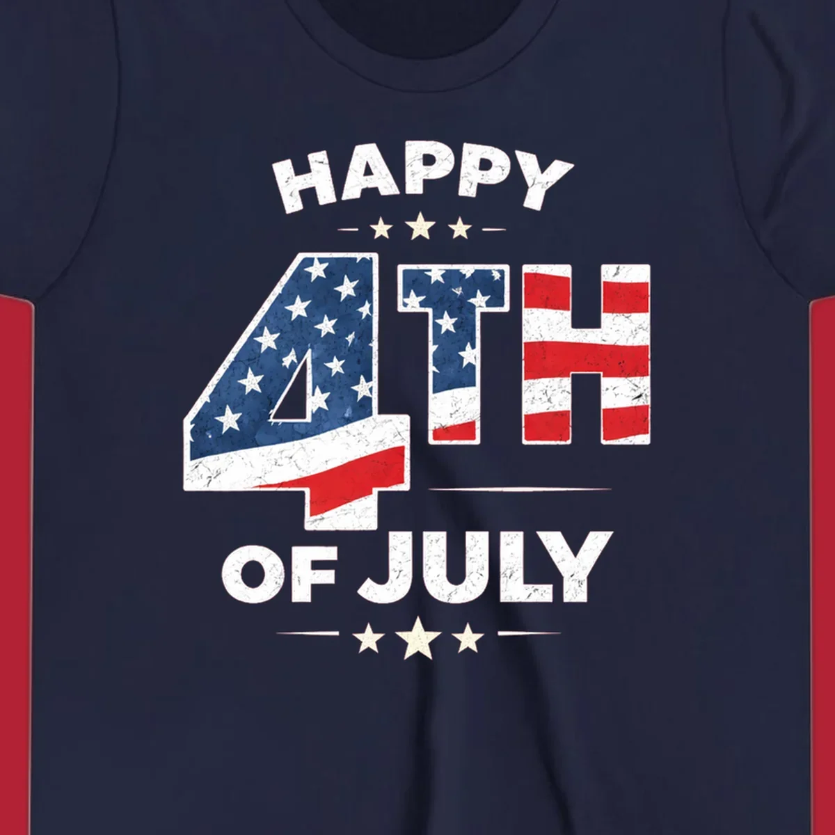 Distressed "HAPPY 4TH OF JULY" design with the "4TH" in an American flag pattern and white stars.