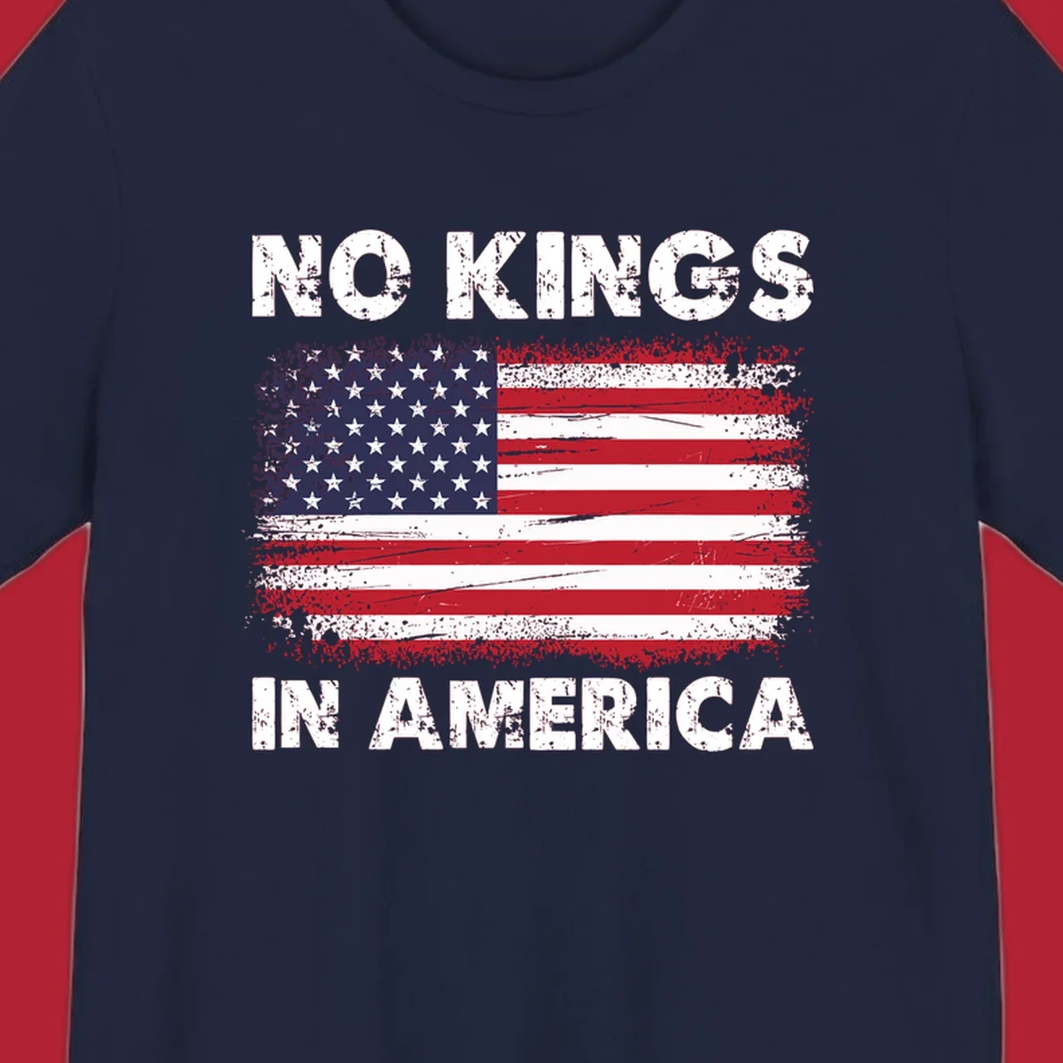 A distressed American flag with the white text 'NO KINGS IN AMERICA' above and below it.
